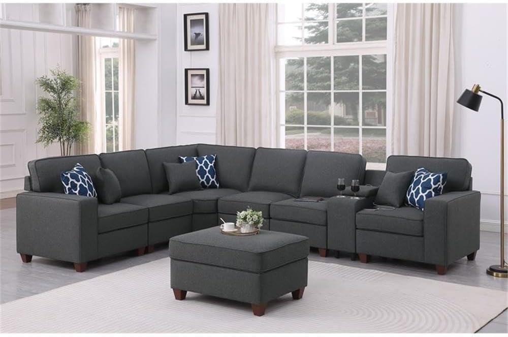 Dark Gray 8-Piece Fabric Upholstered Sectional with Ottoman and Cup Holder