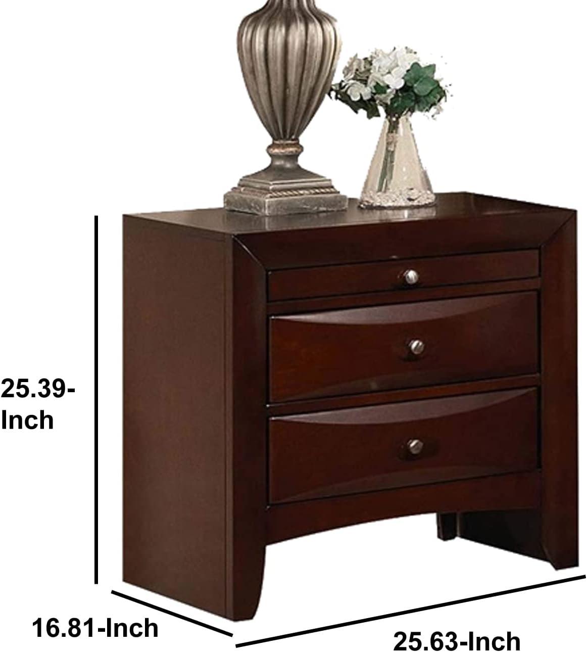 Contemporary Style Wooden Nightstand with Three Drawers & Metal Knobs, Brown - 25.39 x 16.81 x 25.63 in.