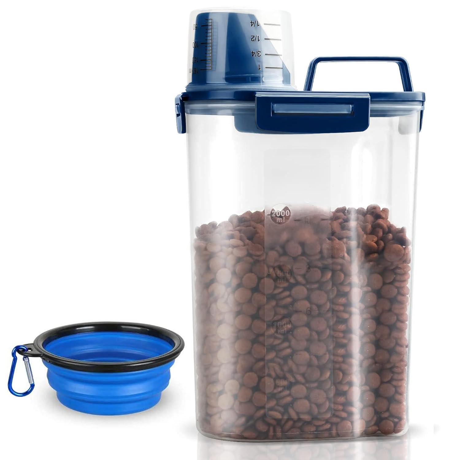 Upgraded Dog Food Storage Container Small, Cat Food Container Airtight, Pet Food Container Dispenser with Pour Spout, Measuring Cup and 4 Seal Buckles for Dogs, Cats, Birds (Blue)