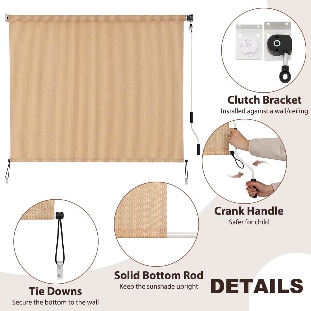 SMONTER Outdoor Sunshade Roller Shade 6'W x 6'H (72" Wx72 H), Exterior Cordless Roll Up Shades Blinds, UV Protection Shade Cloth with Crank Operation for Outside Windows Patio Porch Gazebo, Walnut