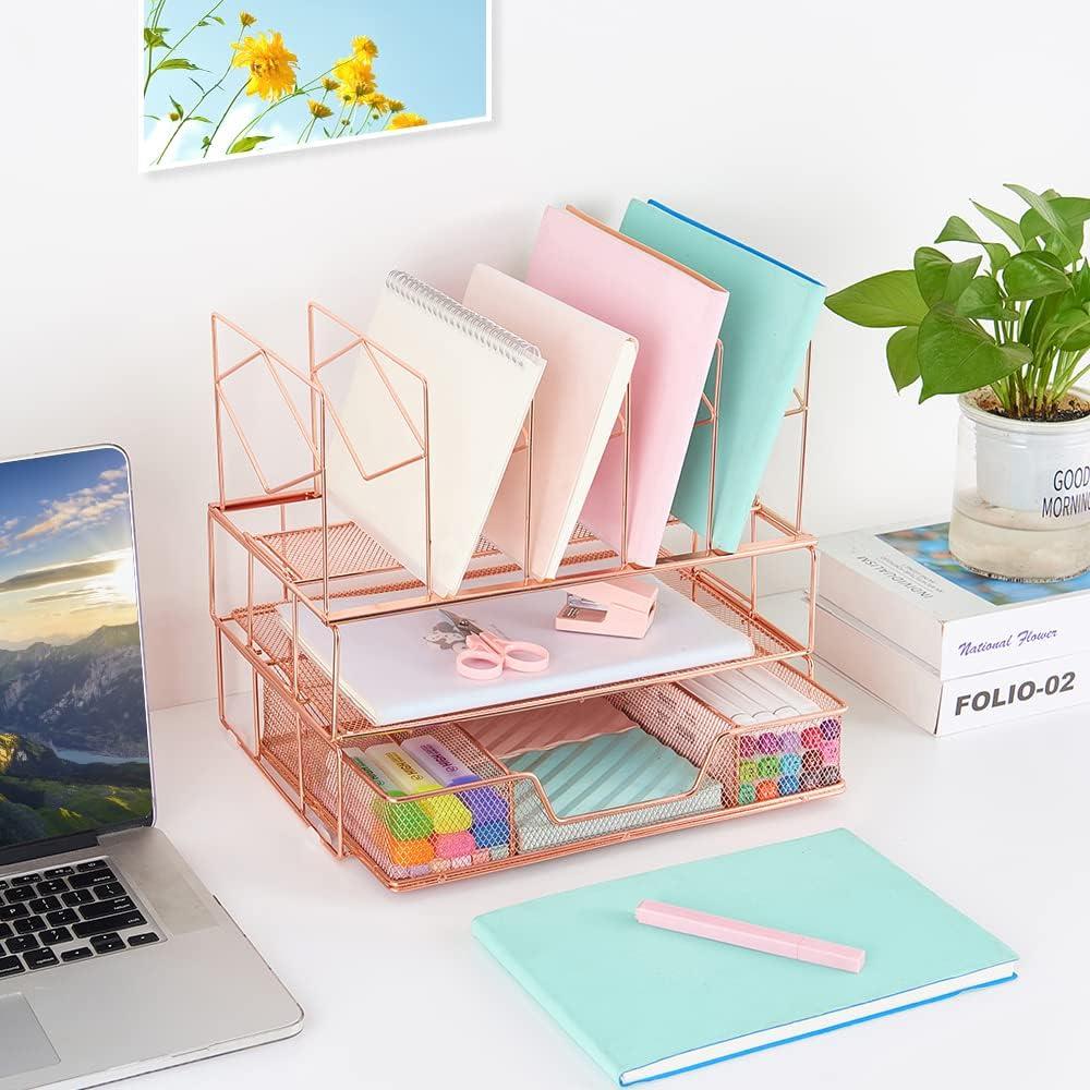 Desk Organizers and Desk Accessories - Rose Gold Desk Organizer with File Sorters, File Organizer with Drawer, Desk Accessories & Workspace Organizers for School Office Supplies