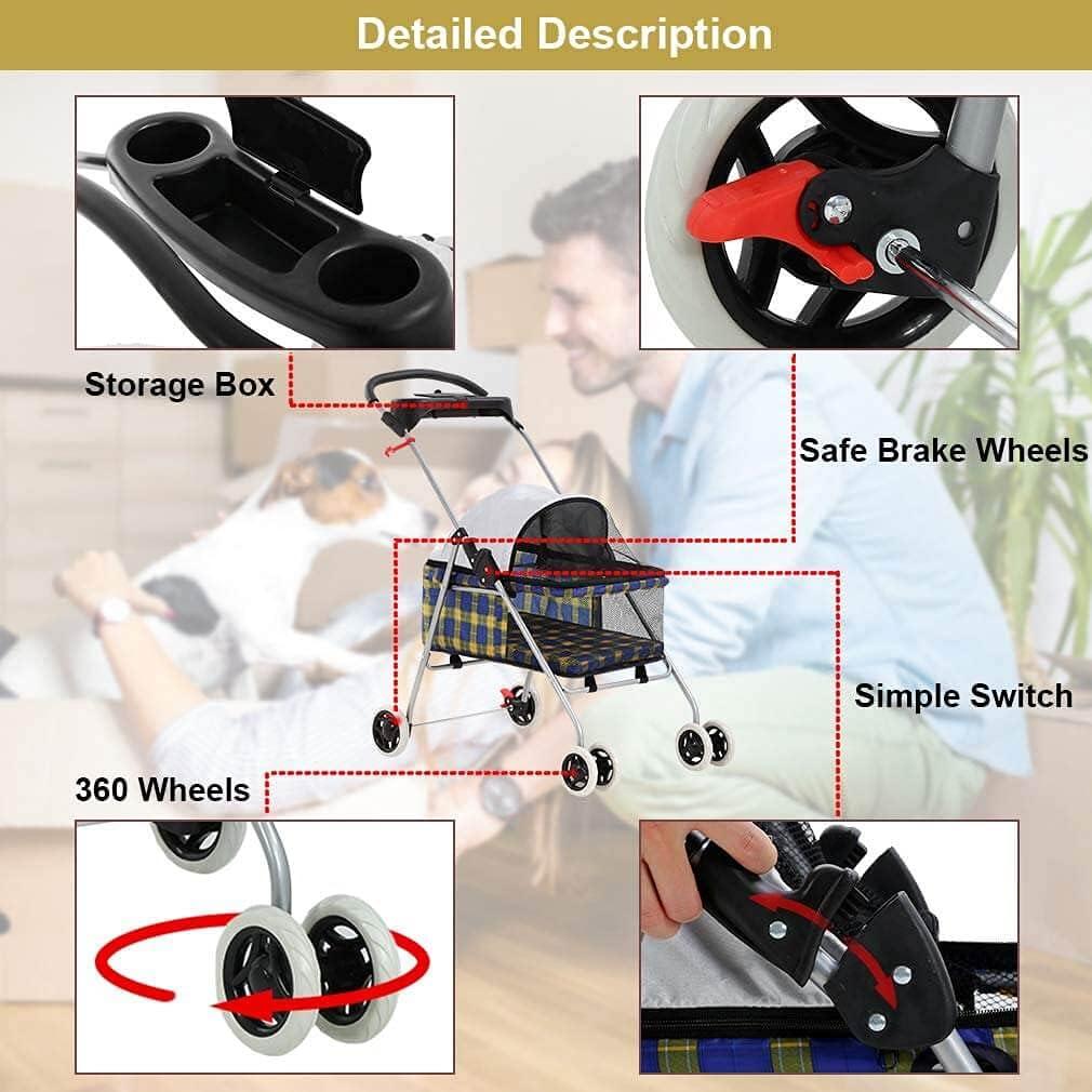 FDW 4 Wheels Pet Stroller Cat Dog Stroller Portable Folding Travel Carrier Strolling Cart Waterproof with Storage Basket,Mesh Windows, Yellow Plaid