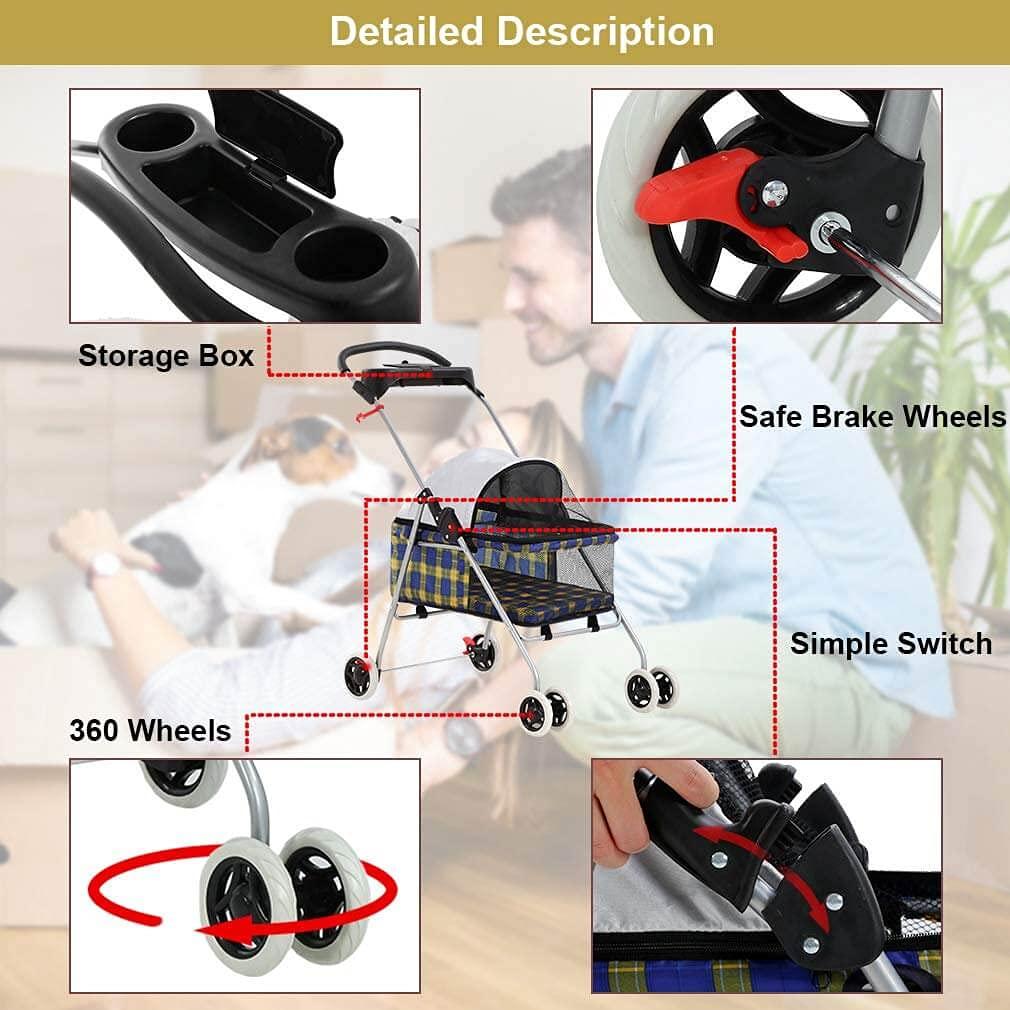FDW 4 Wheels Pet Stroller Cat Dog Stroller Portable Folding Travel Carrier Strolling Cart Waterproof with Storage Basket,Mesh Windows, Yellow Plaid