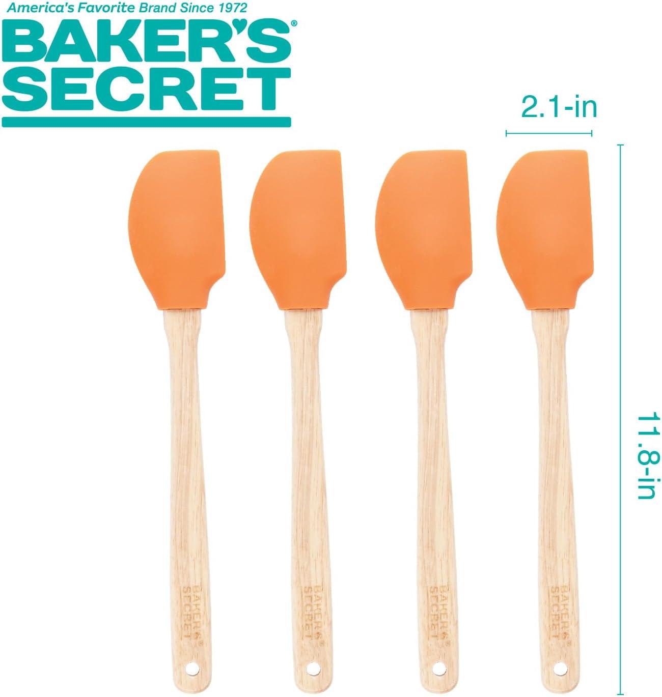 Baker's Secret - 4pcs Silicone Spatula set 12", Wooden Handle with Hanger, Cake Decoration Pastry Preparation, Baking Utensils - Orange