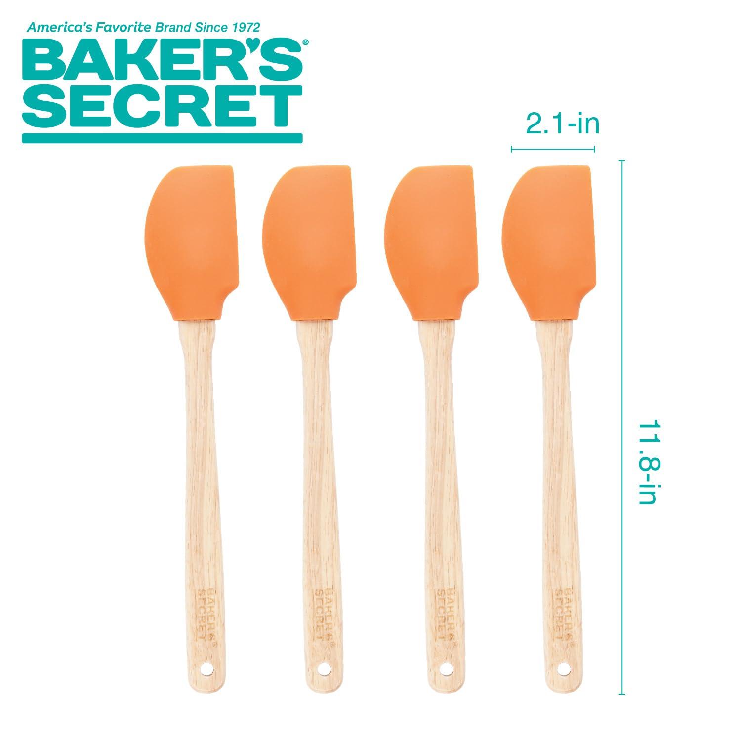 Baker's Secret - 4pcs Silicone Spatula set 12", Wooden Handle with Hanger, Cake Decoration Pastry Preparation, Baking Utensils - Orange