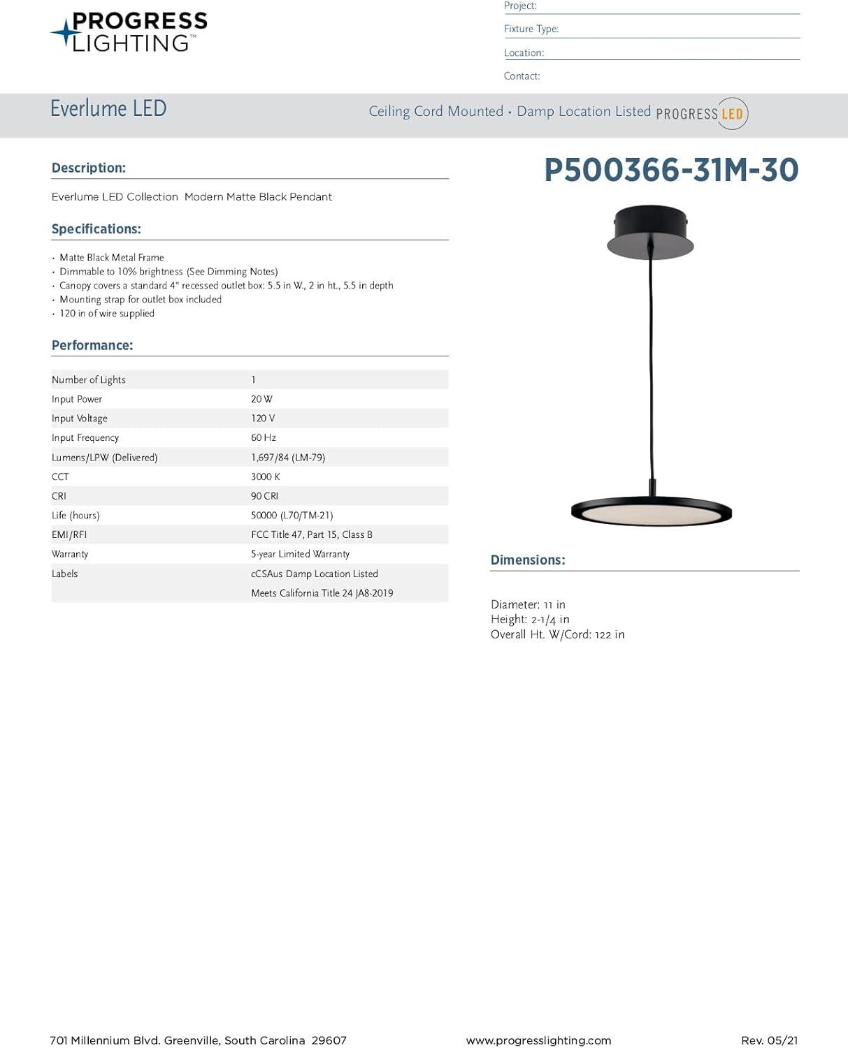 Progress Lighting Everlume 1-Light LED Pendant, Matte Black, Edge-Lit Flat Panel Diffuser