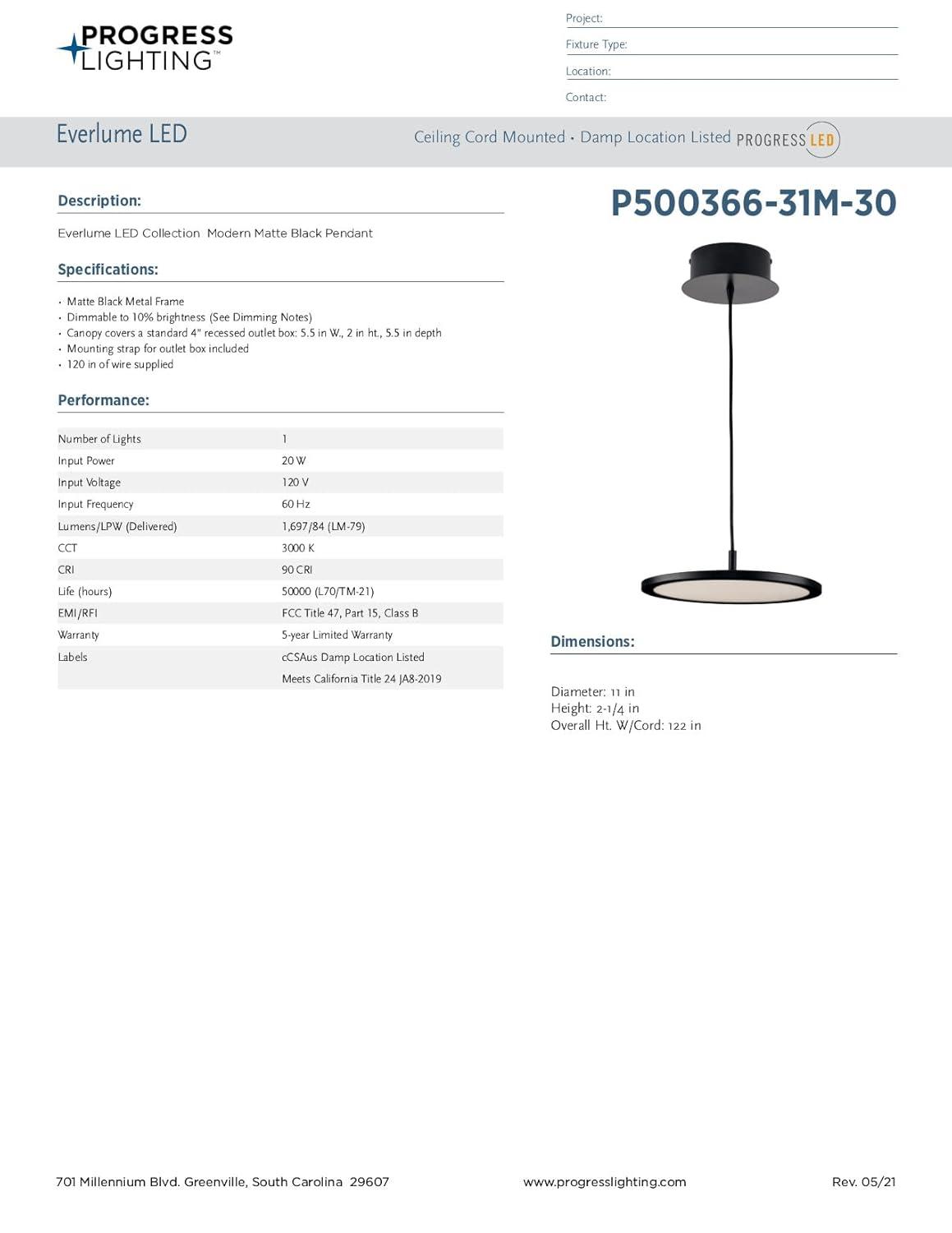 Progress Lighting Everlume 1-Light LED Pendant, Matte Black, Edge-Lit Flat Panel Diffuser