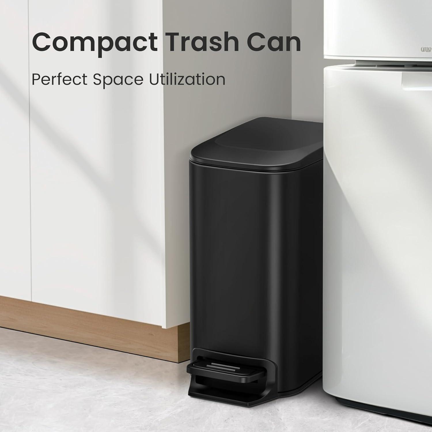 Matt Black Stainless Steel Pedal Trash Can with Soft Close Lid