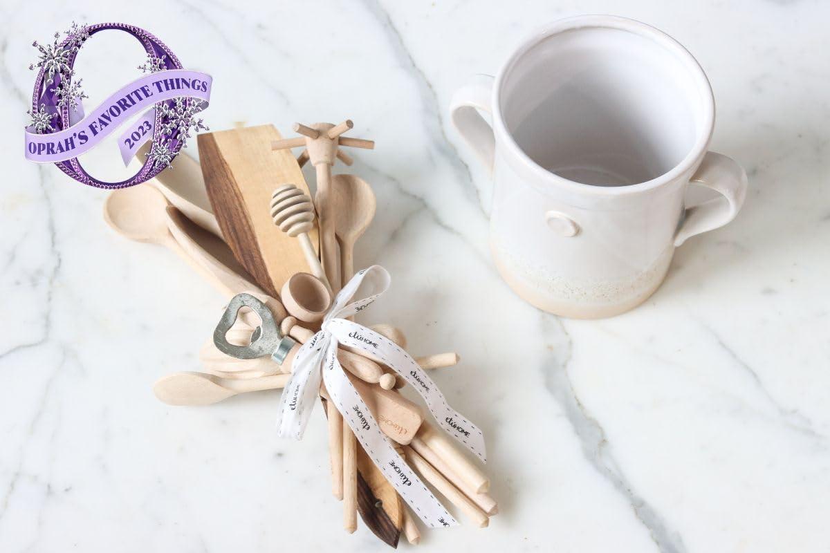 Small White Ceramic Crock with Wooden Utensils Set