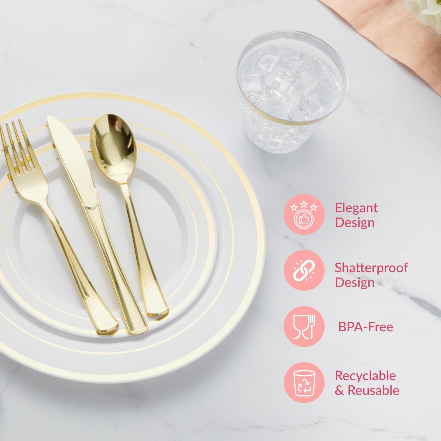 Gold Disposable Dinnerware Set for 100 Guests - 600PC BPA-Free Plastic Plates & Cutlery Kit with 100 Dinner Plates, Salad Plates, Forks, Knives, Spoons & Cups for Wedding, Party, Catering (Heavy-Duty)