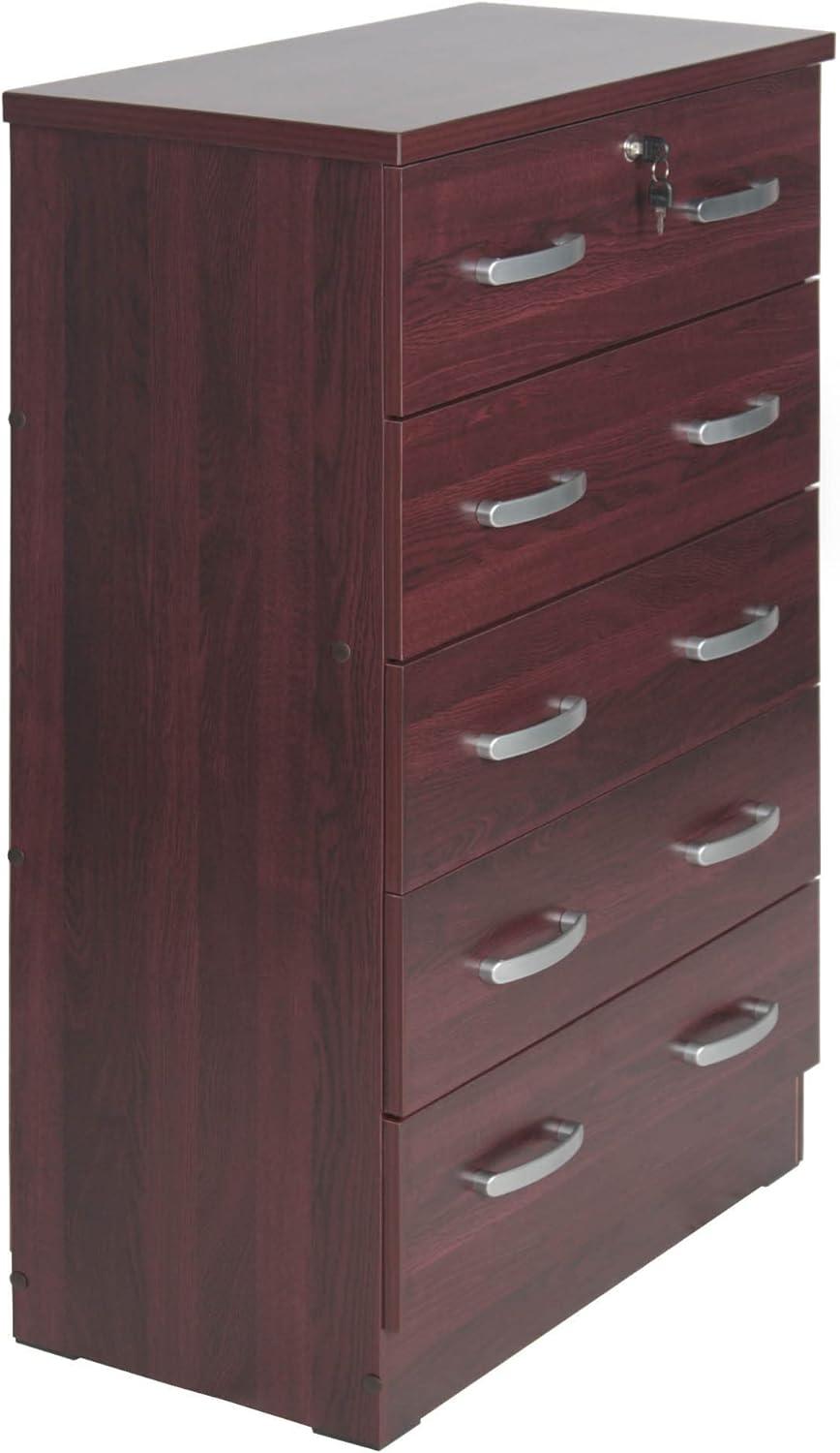 Modern Mahogany 5-Drawer Vertical Nursery Dresser with Lock