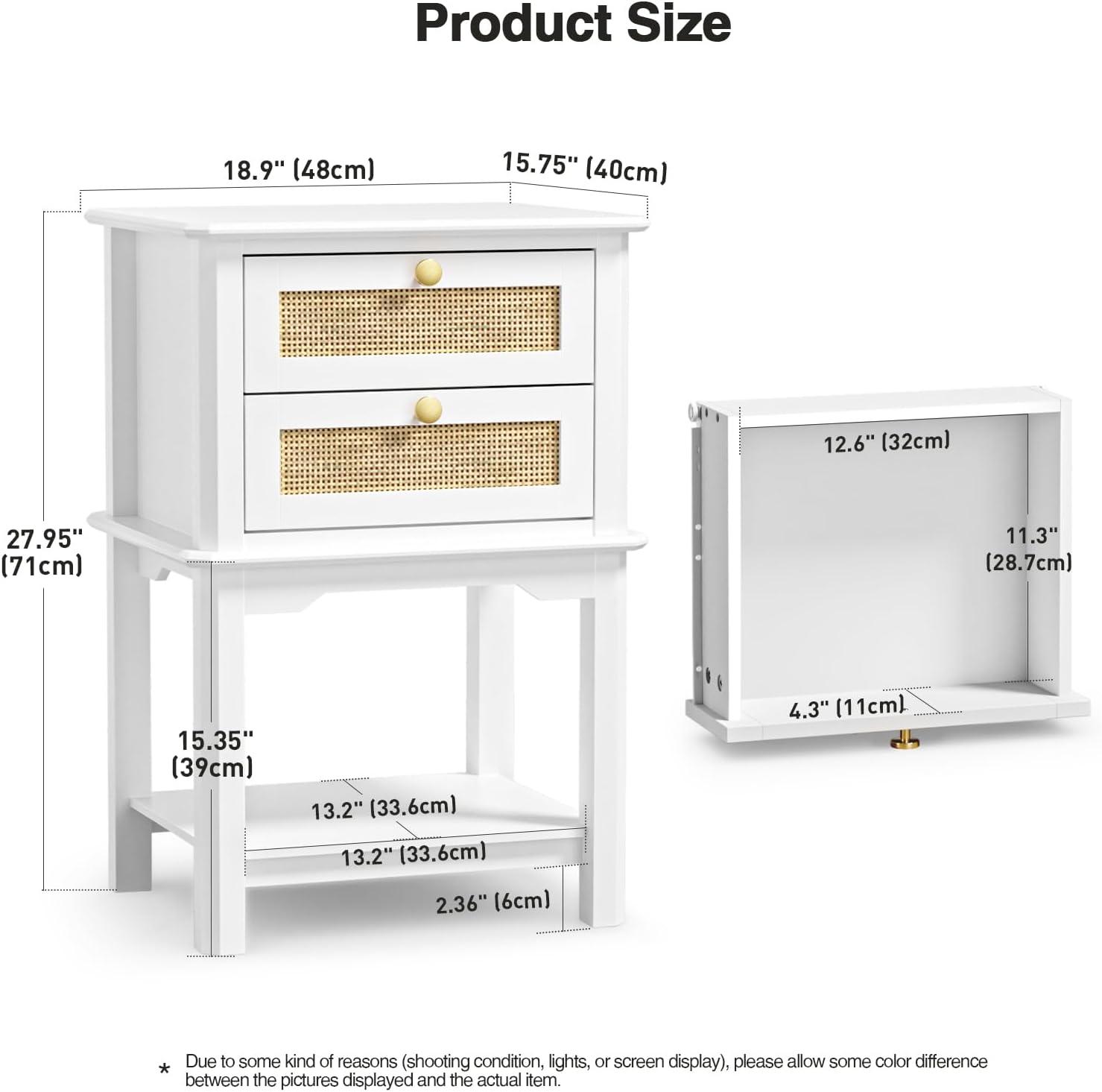 Giluta White Night Stand, 27.95'' H Wood Bedside Table with 2 Drawers, Natural Rattan Nightstand, Farmhouse End Side Table, Night Stand Cabinet for Bedroom
