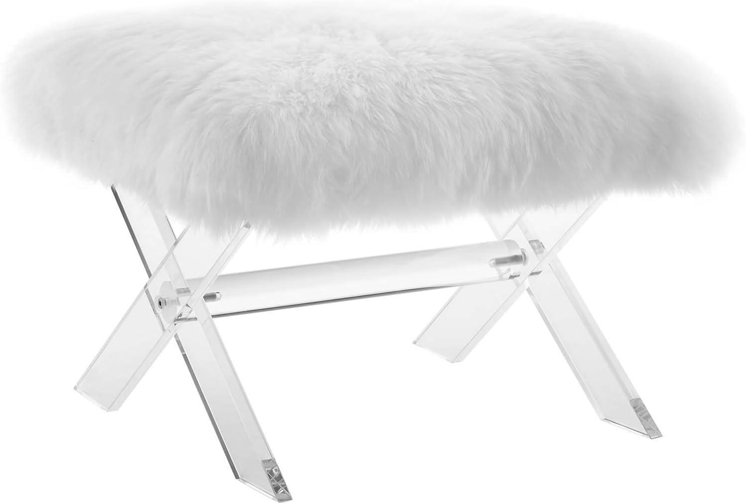 Chic Luxe Clear Acrylic and Pure White Sheepskin Bench