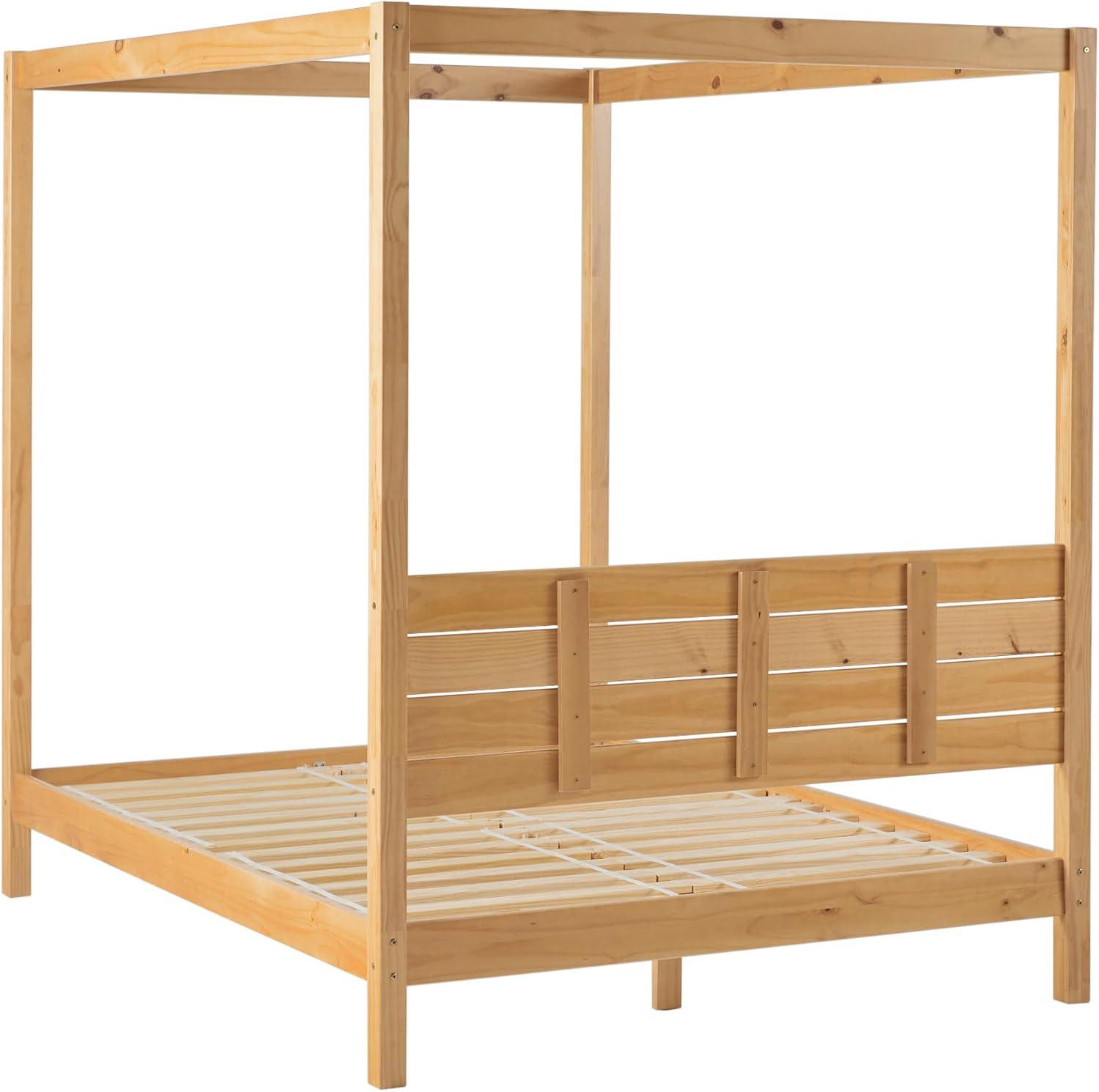 Walker Edison Minimalist Slatted Wood Queen Canopy Bedframe, Natural Pine