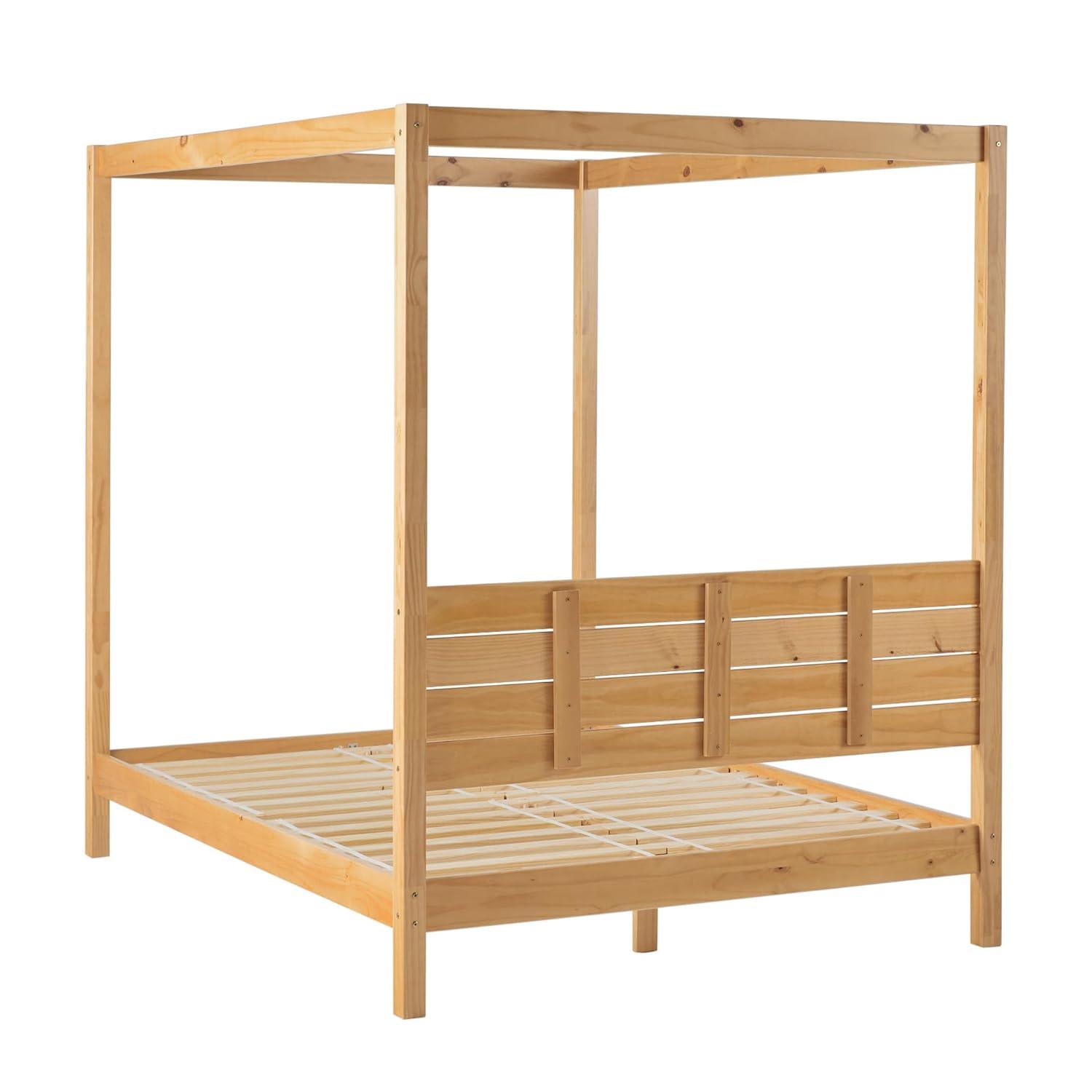 Walker Edison Minimalist Slatted Wood Queen Canopy Bedframe, Natural Pine