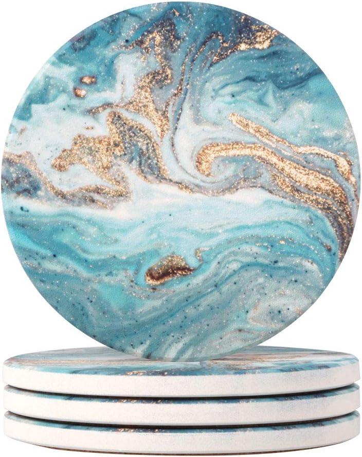 Teal Marble Drink Coasters - Turquoise Marble Round Drinks Absorbent St Coaster Set with Ceramic St with Cork Base for Tabletop Protection, 4 Pieces