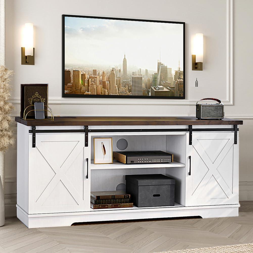 White Farmhouse TV Stand with Barn Doors and Shelves