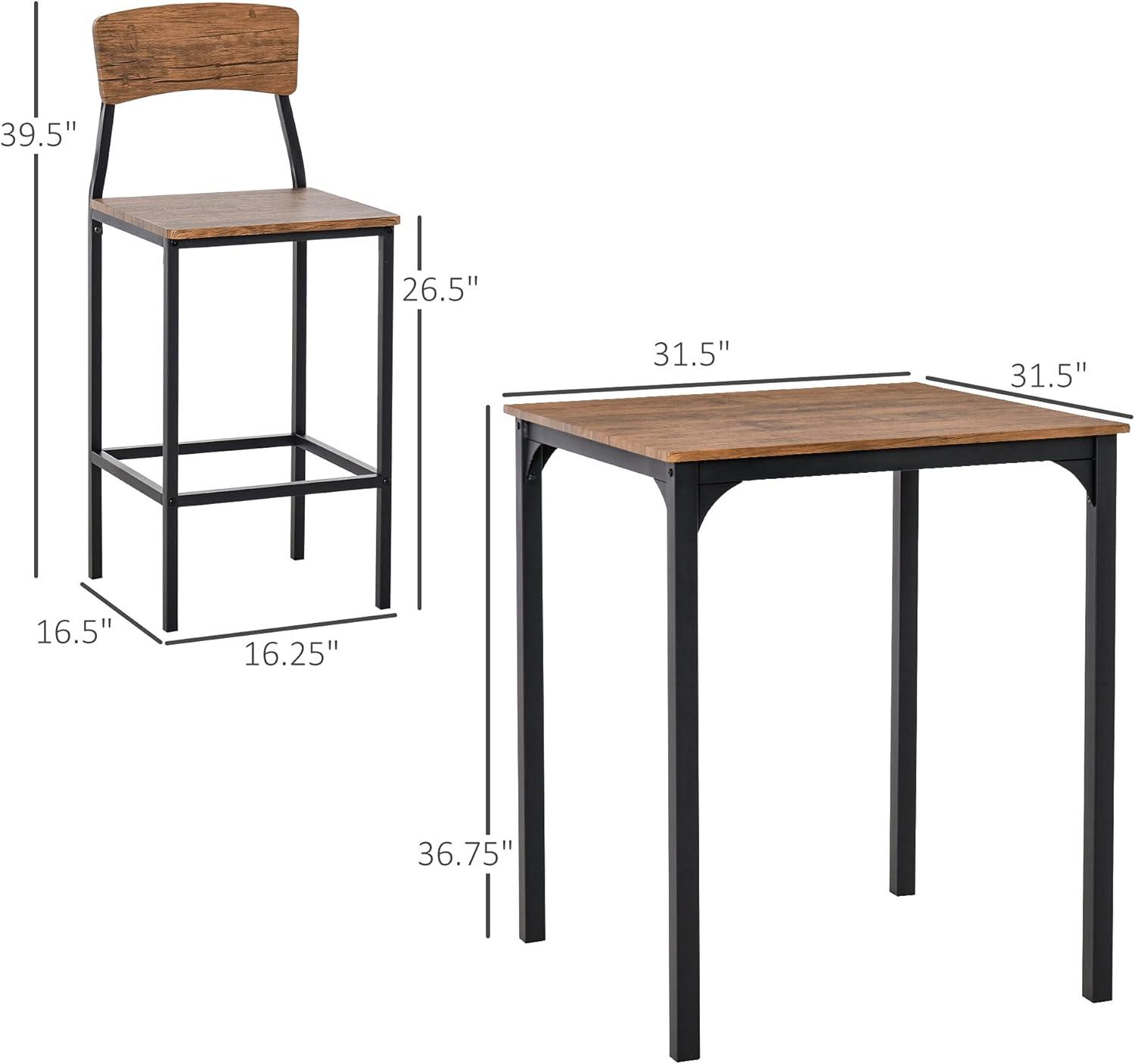 HOMCOM 3 Piece Industrial Counter Height Dining Table Set, Bar Table & Chairs with Steel Legs & Footrests