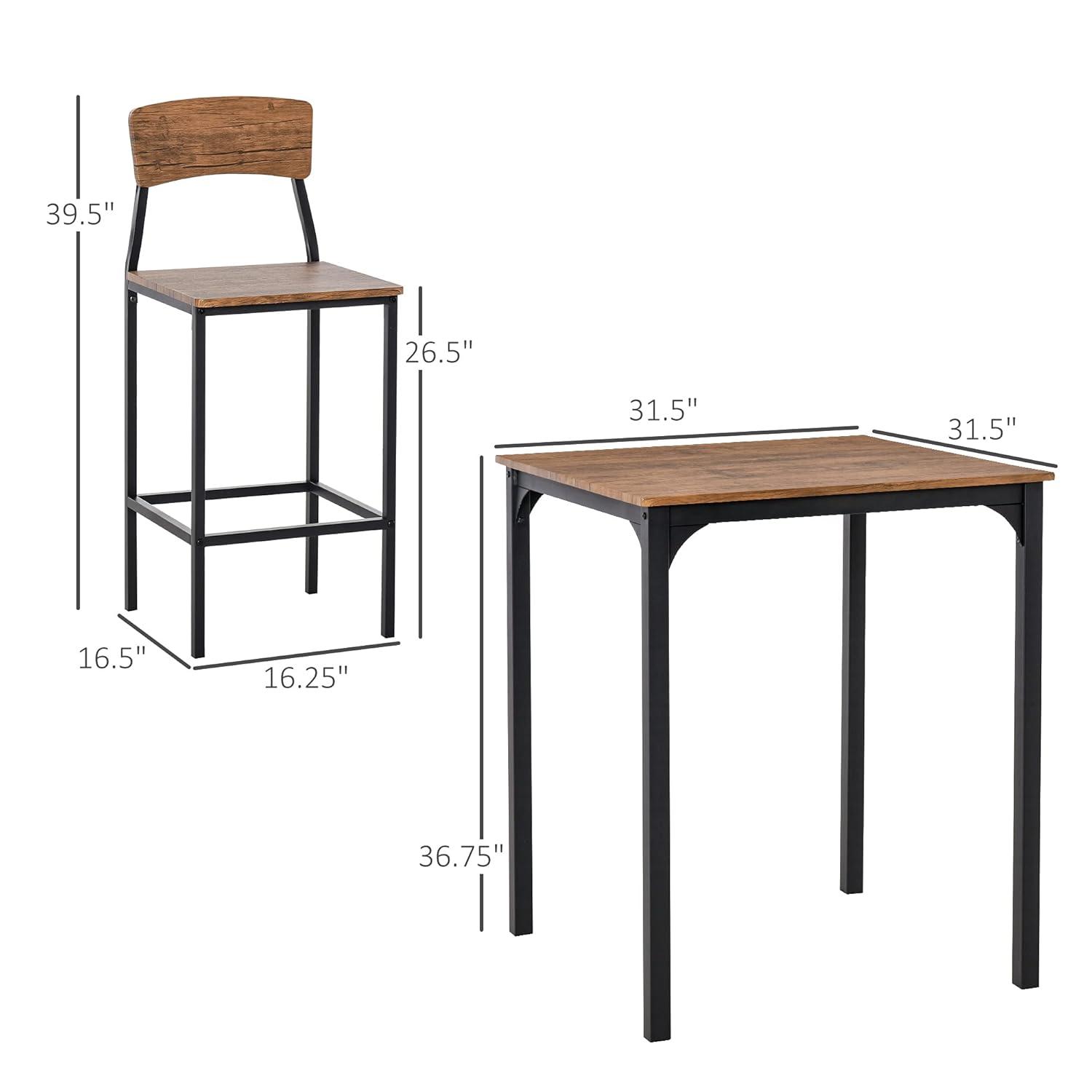 17 Stories 3 Piece Square Industrial Small Dining Table Set, Bar Table and Chairs Set, Rustic Brown and Black