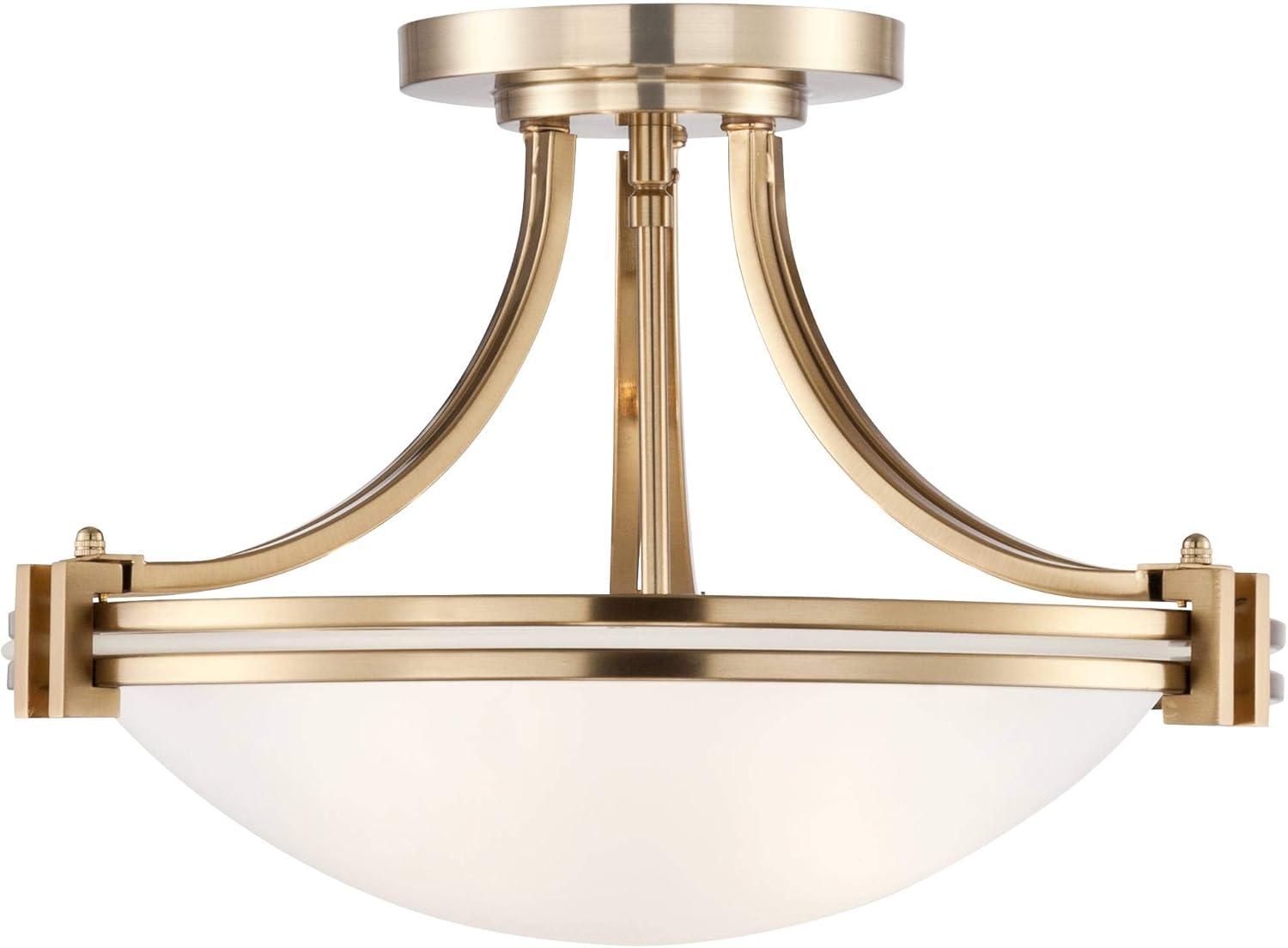 Possini Euro Design Deco Modern Ceiling Light Semi Flush Mount Fixture 16" Wide Warm Brass 2-Light White Glass Bowl for Bedroom Kitchen Living Room