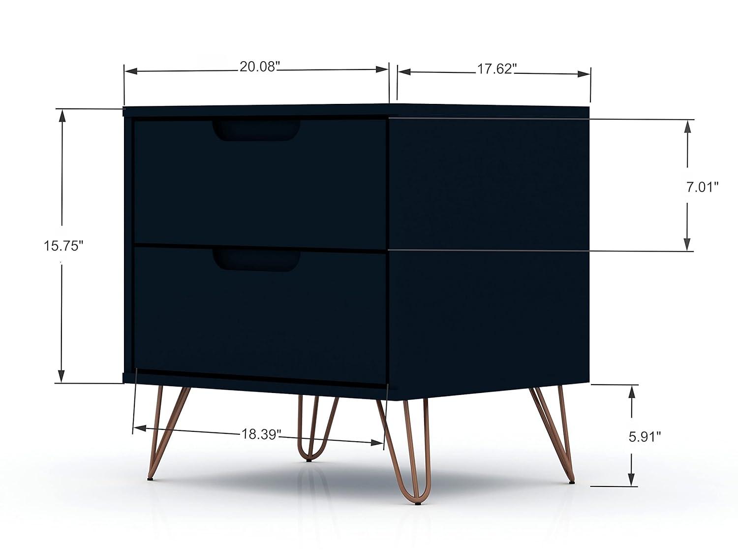 Set of 2 Rockefeller 2 Drawer Nightstands Tatiana Midnight Blue - Manhattan Comfort: Modern Splayed Metal Legs, MDF