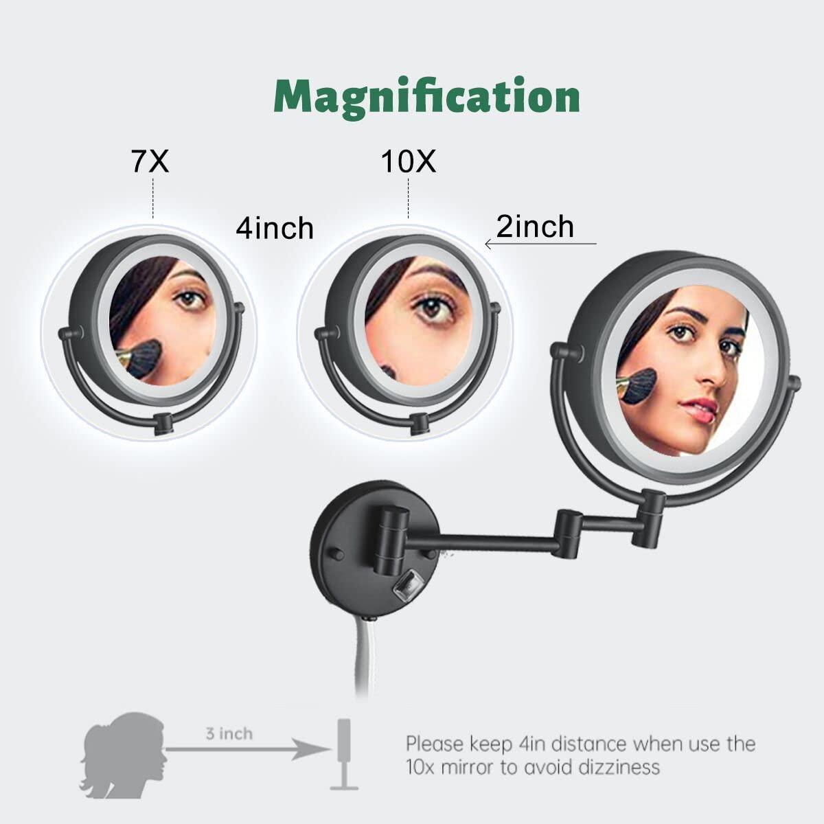 8.5 Inch Wall Makeup Mirror with 3 Tones LED Lights,Double Sided Vanity Mirror for Bathroom 10X Magnification,Plug Powered (Black/10X)
