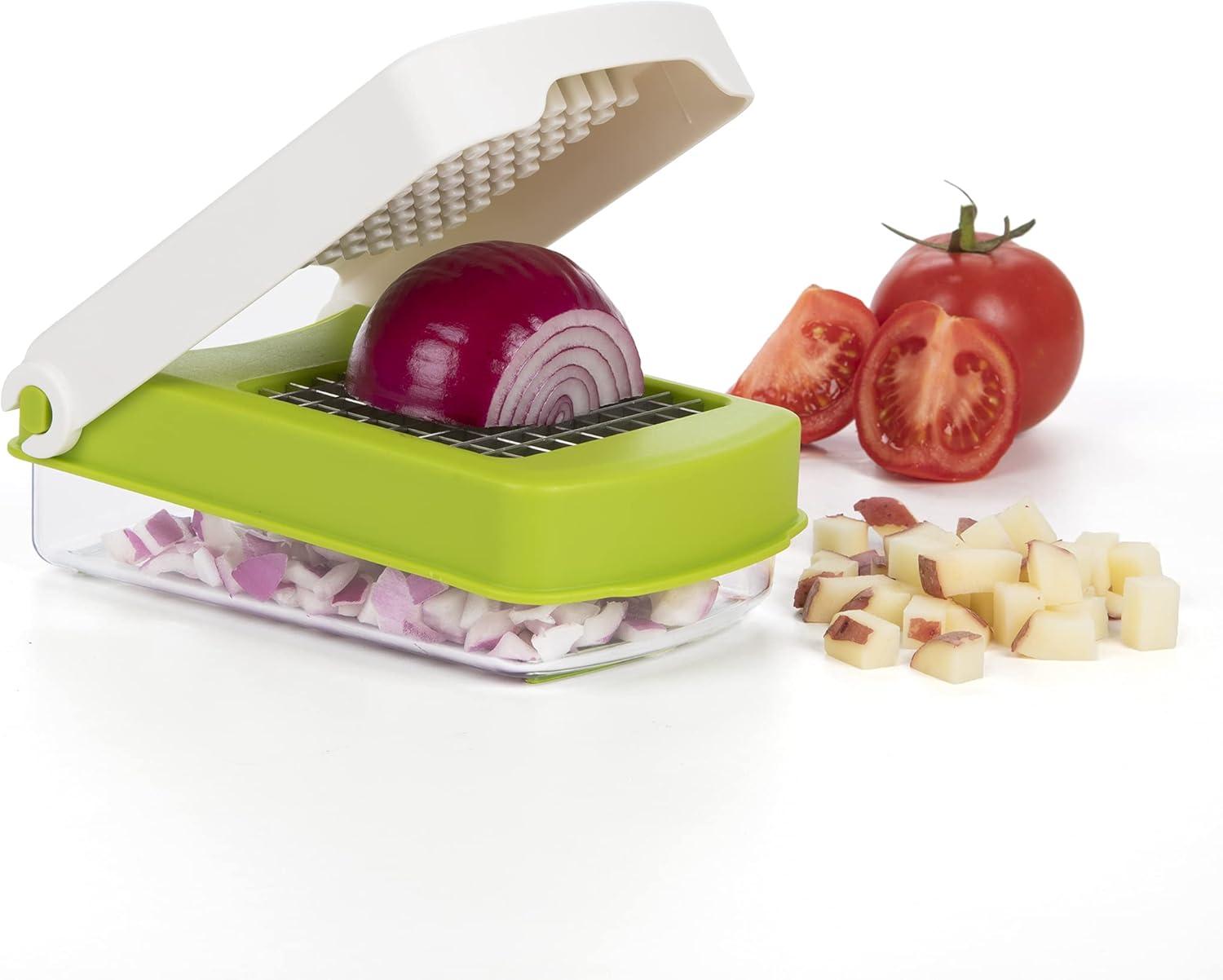 Prepworks Compact Veggie Chopper: Manual Food Chopper & Slicer, Stainless Steel Blade, Dishwasher-Safe, Green/White/Clear