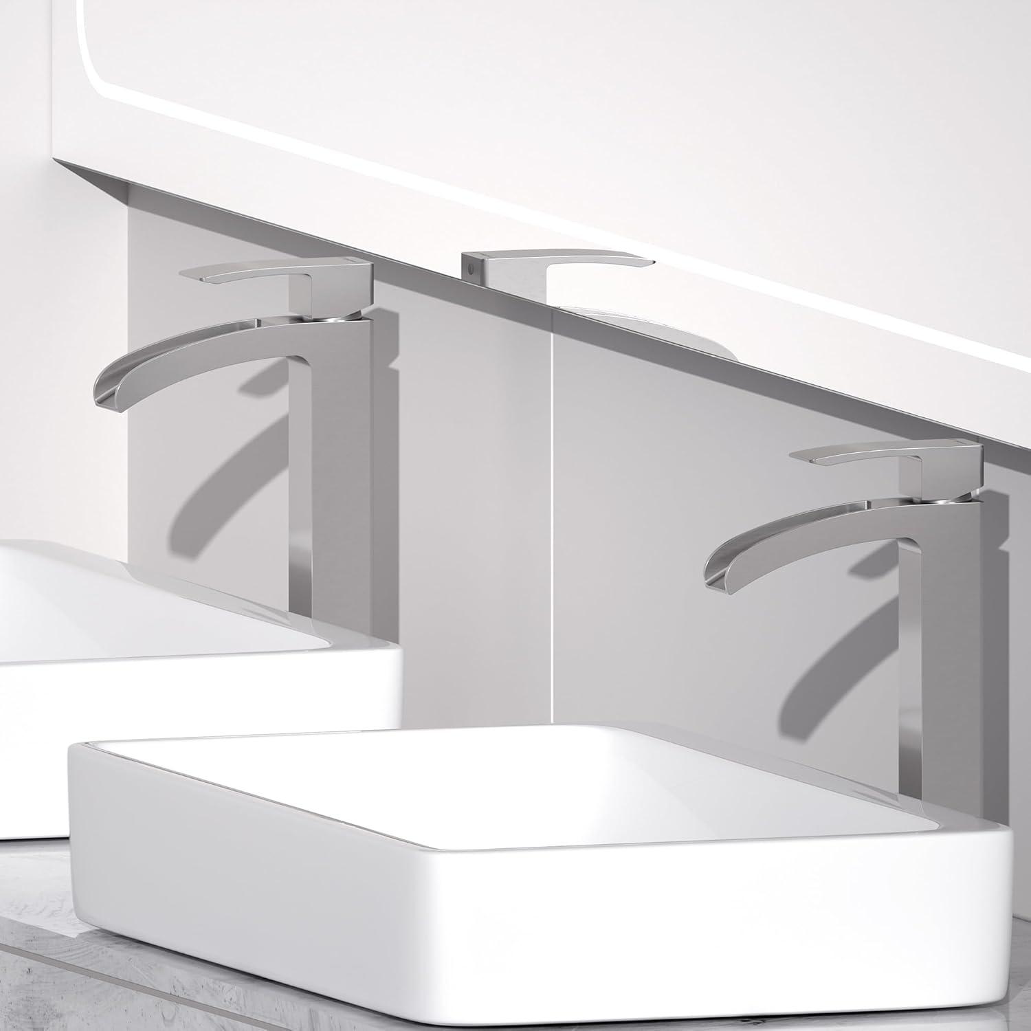 VOTON Vessel Sink Faucet Brushed Nickel Modern Tall Waterfall Bathroom Sink Faucet Single Handle Bathroom Faucet 1 Hole Bowl Lavatory Vanity Faucet, Rv Sink Camper Farmhouse Bathroom Faucet