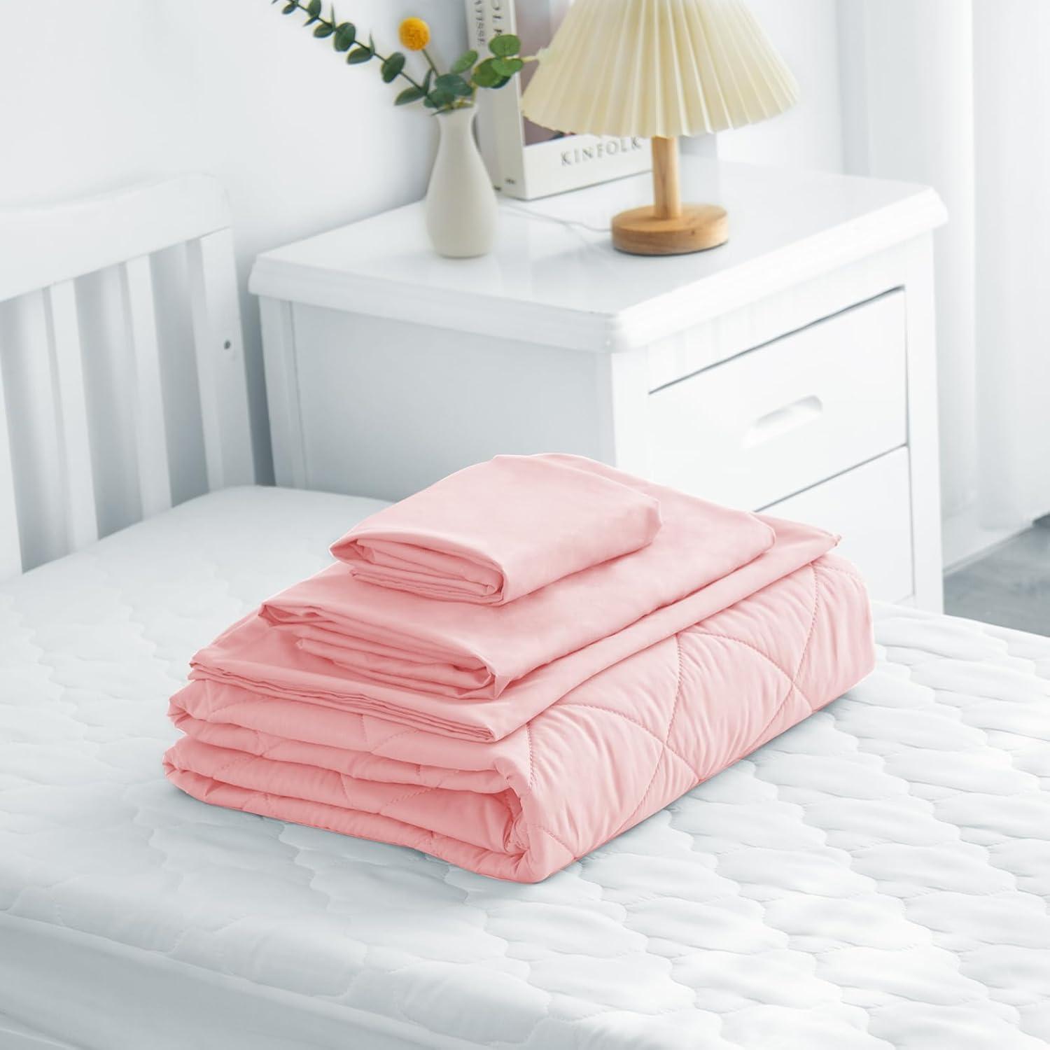 Pink Crib Skirt Pleated with White Lovely Pompoms, Bedding Dust Ruffle for Girls, 14" Drop, Fit All Standard Crib Bed, Fade Resistant Crib Bed Skirt Machine Wash