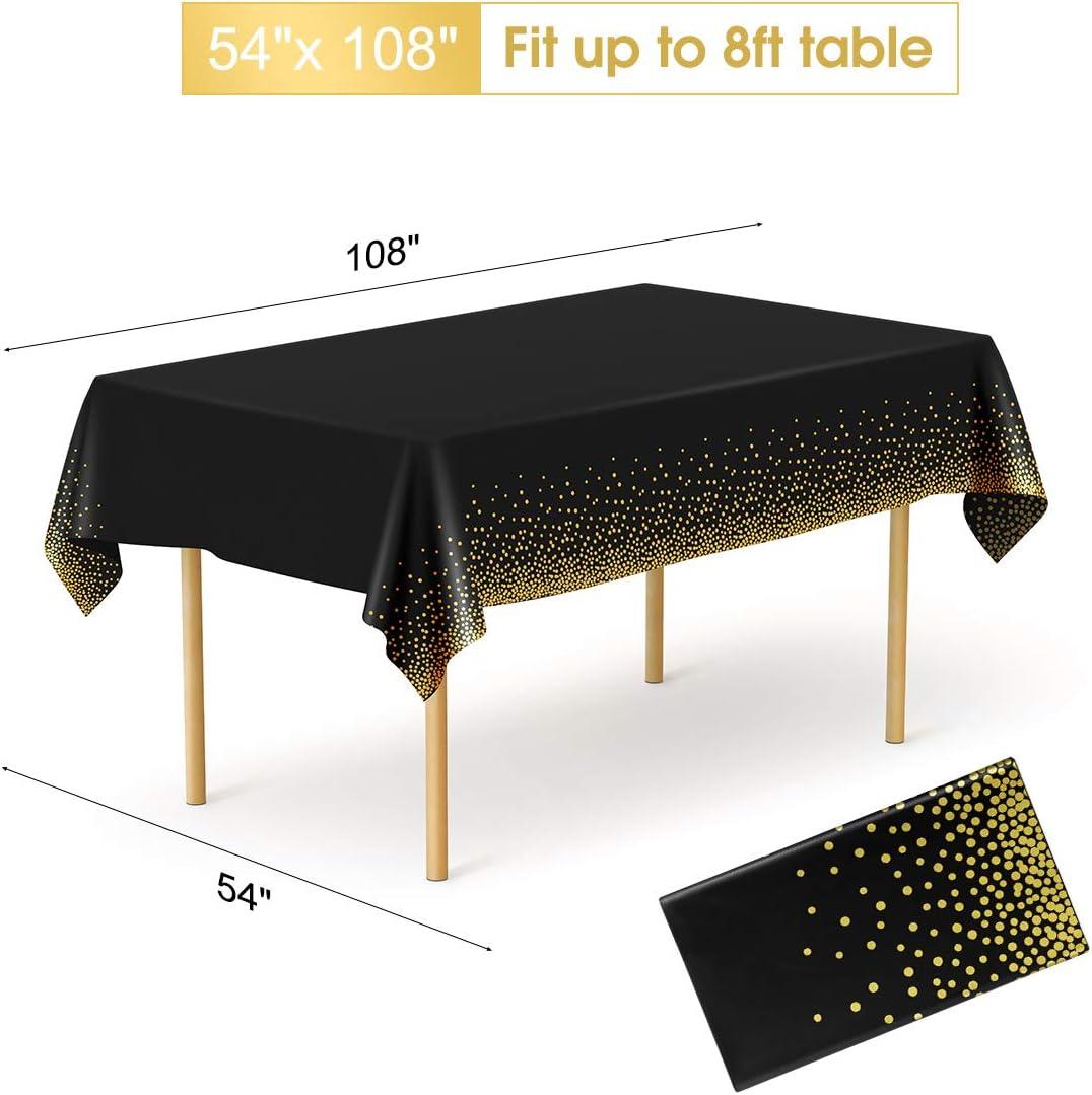 HOMIX Black and Gold Plastic Tablecloths for Rectangle Tables, 6 Pack Disposable Party Table Cloths, Gold Dot Table Covers with 30 Balloons for Birthday, Graduation, Cocktail Parties 54" x 108"