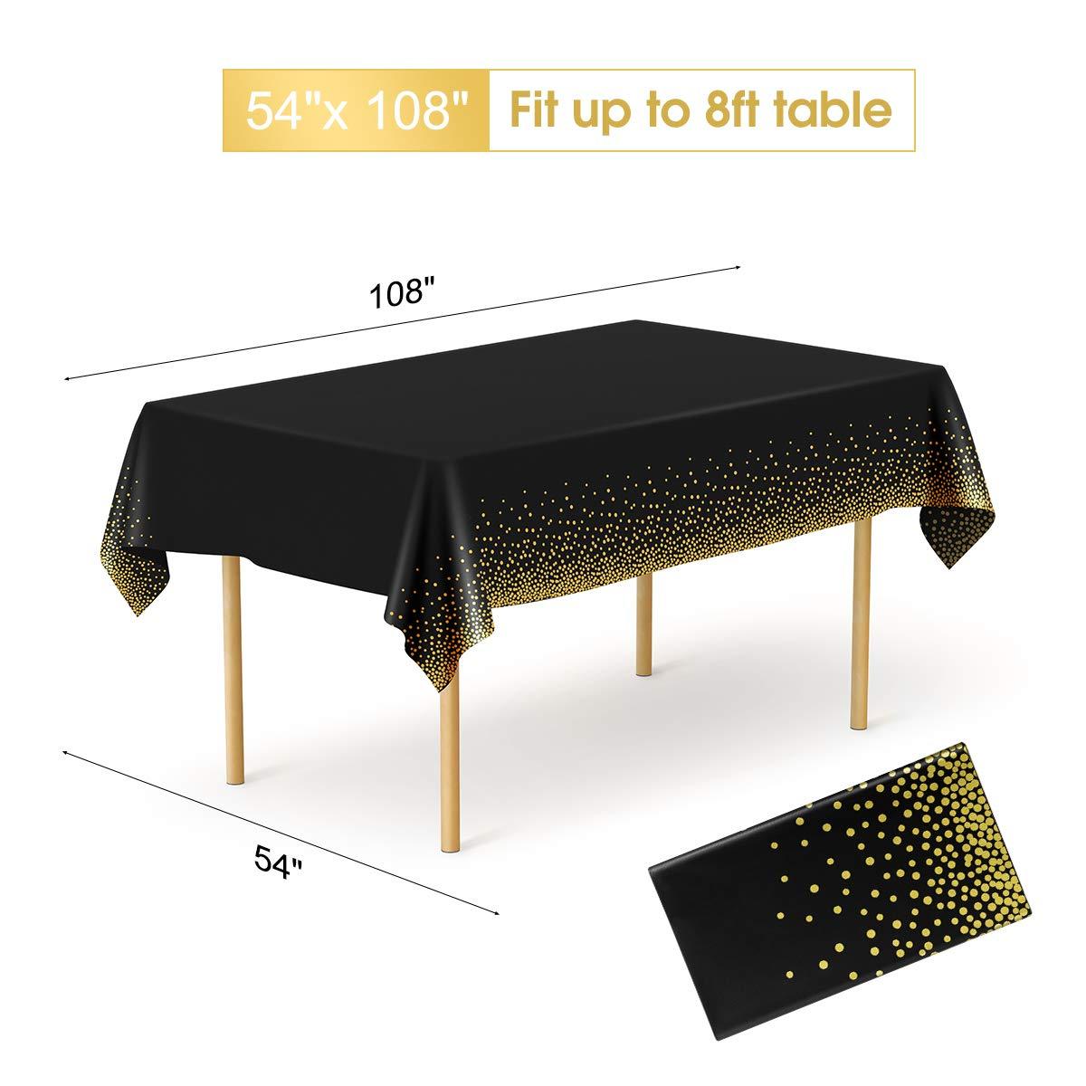 HOMIX Black and Gold Plastic Tablecloths for Rectangle Tables, 6 Pack Disposable Party Table Cloths, Gold Dot Table Covers with 30 Balloons for Birthday, Graduation, Cocktail Parties 54" x 108"