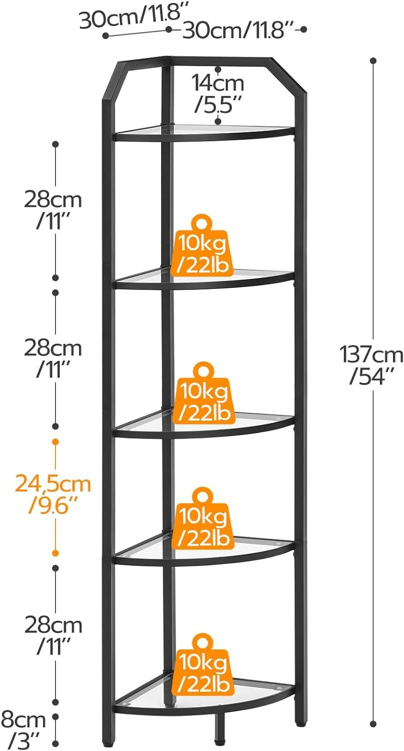 Black 5-Tier Steel and Glass Corner Shelf Stand