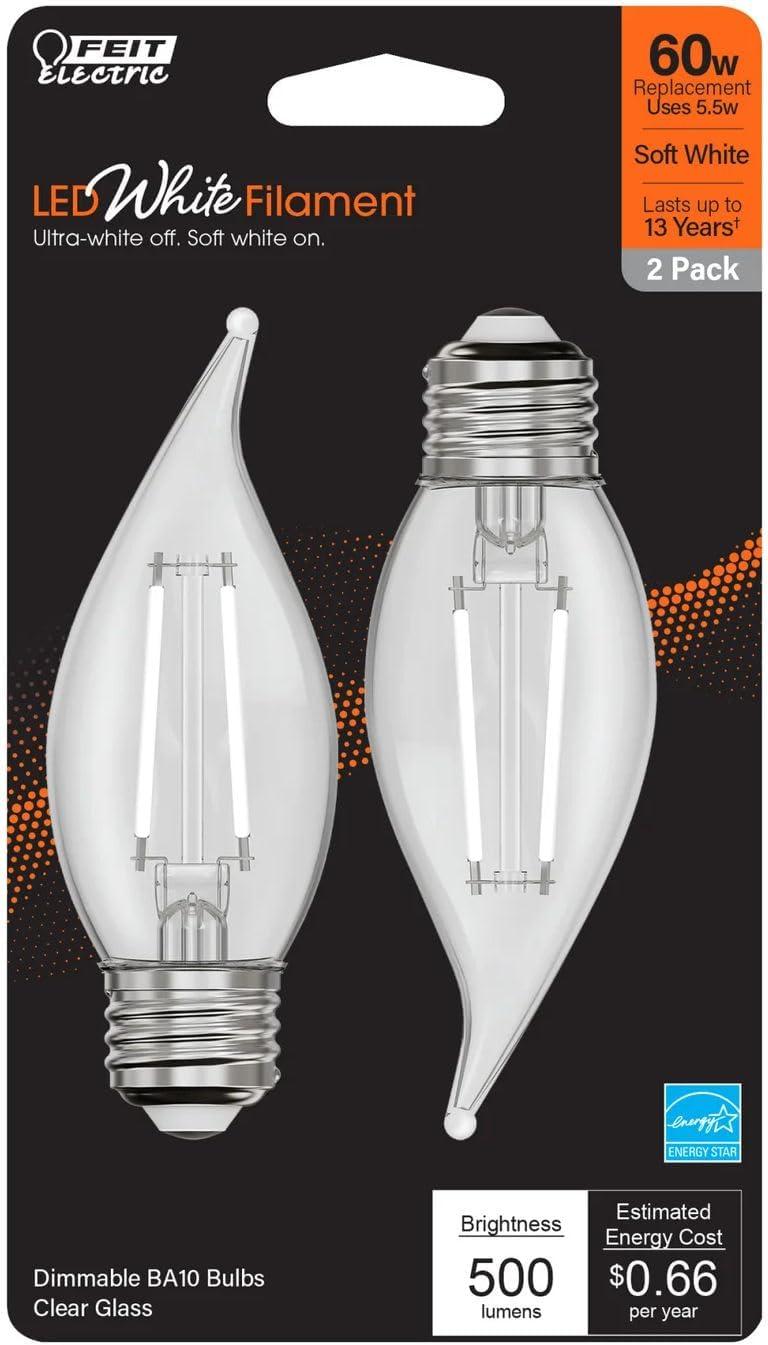 Feit LED Filament BA10 E26 (Medium) Filament LED Bulb Soft White 60 Watt Equivalence 2 pk