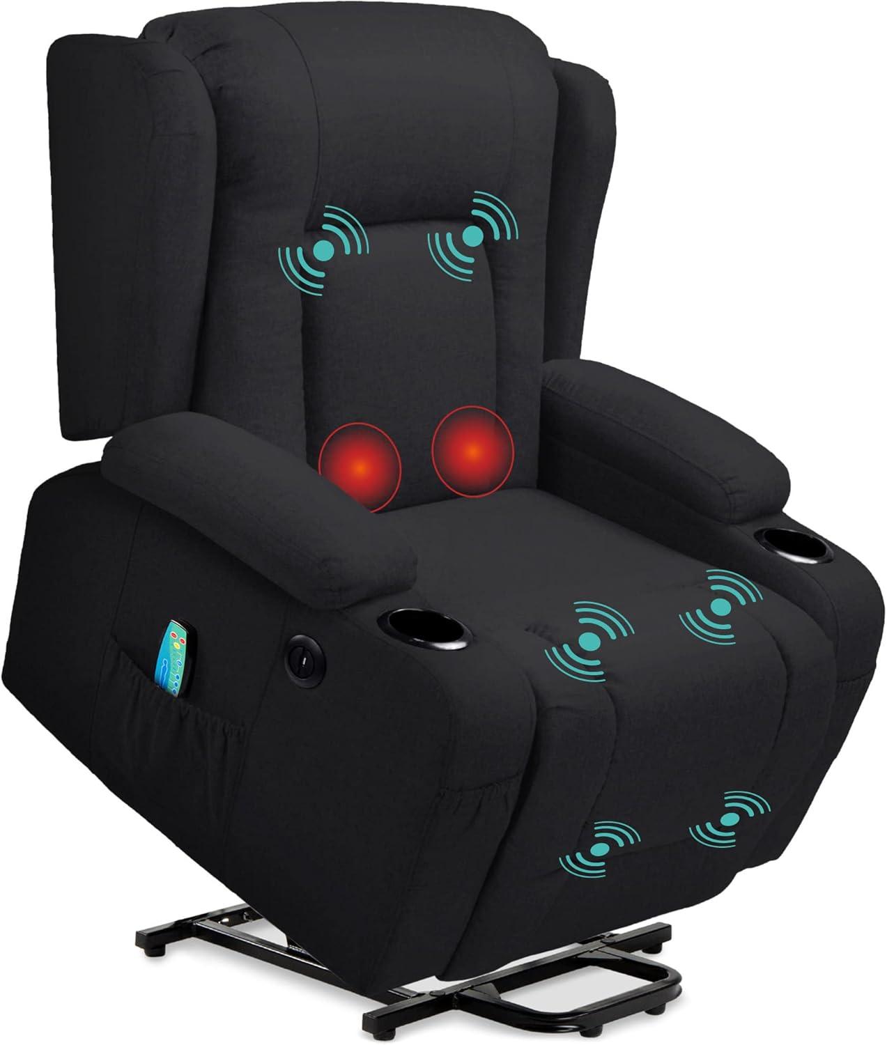 Hokku Designs Modern Linen Electric Power Lift Chair, Recliner Massage Chair, Adjustable Furniture for Back, USB Port, Heat, Cupholders | Wayfair