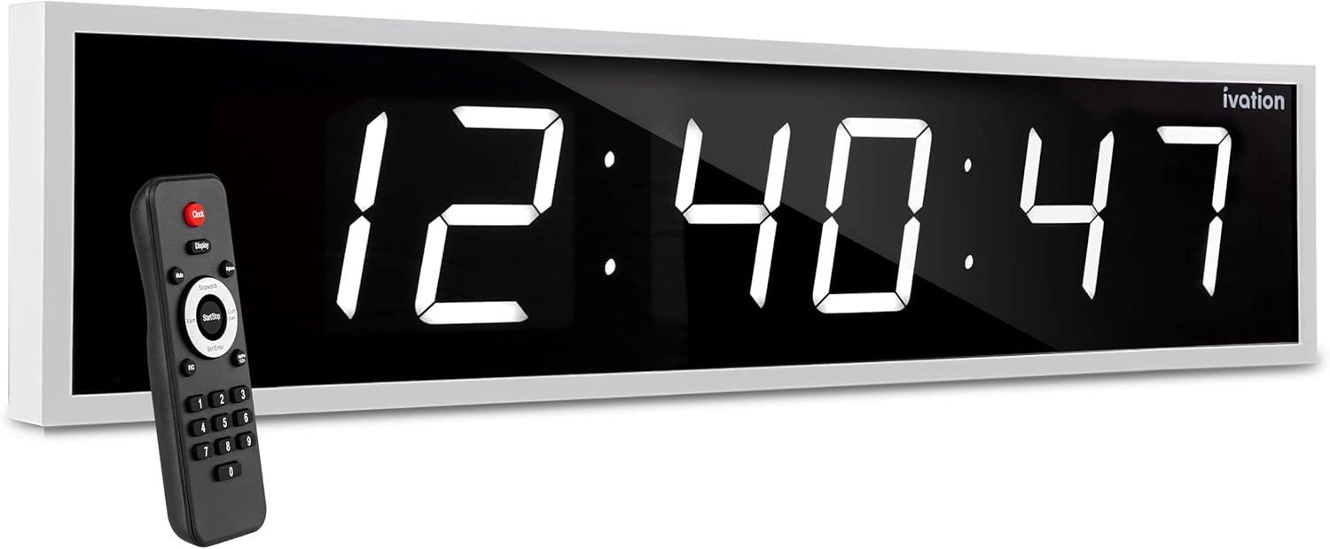 Ivation Large Digital Clock, 60" Led Wall Clock with Stopwatch, Alarms, Timer, Temp & Remote, White