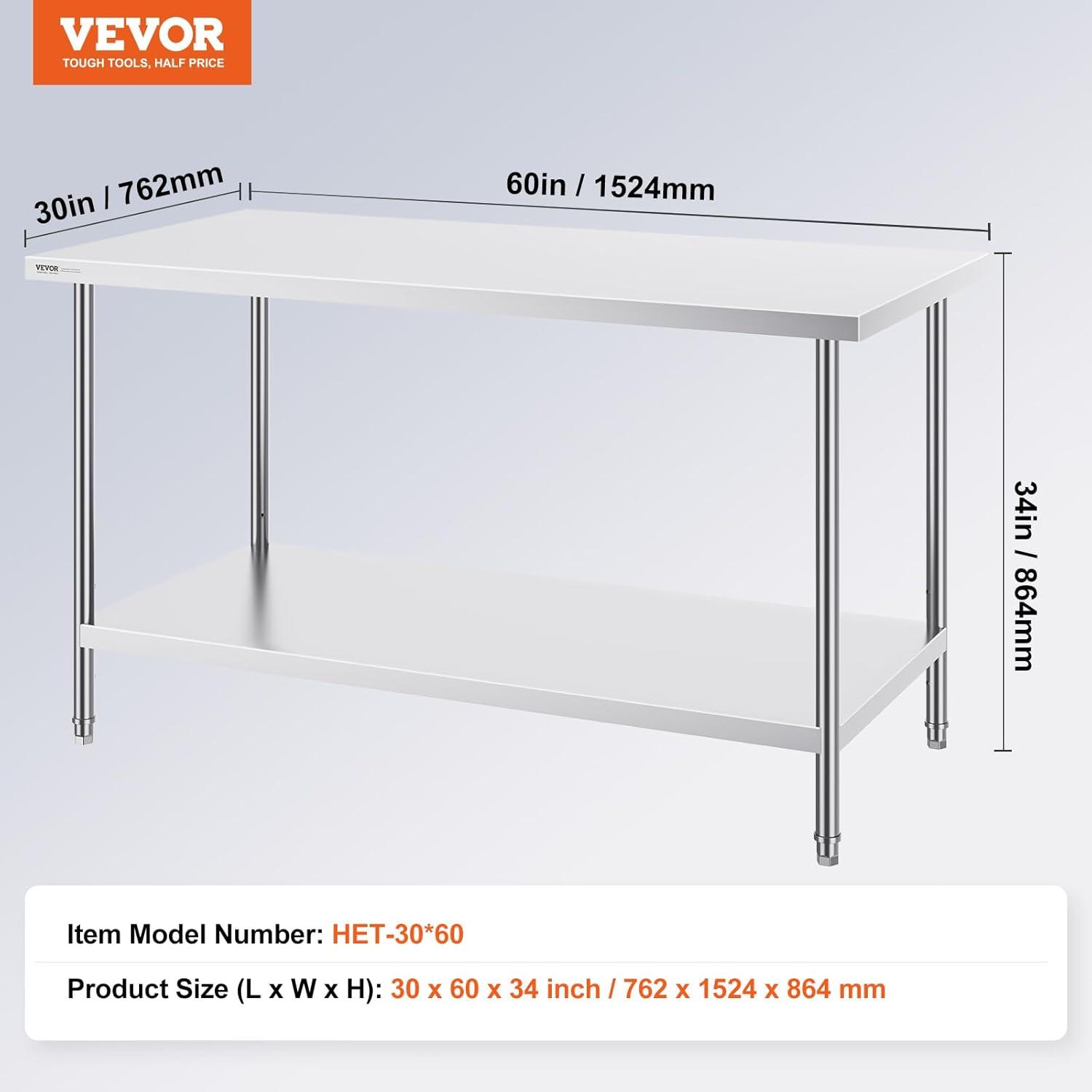 VEVOR VEVOR Stainless Steel 60'' L x 30'' W x 34'' H Work Table