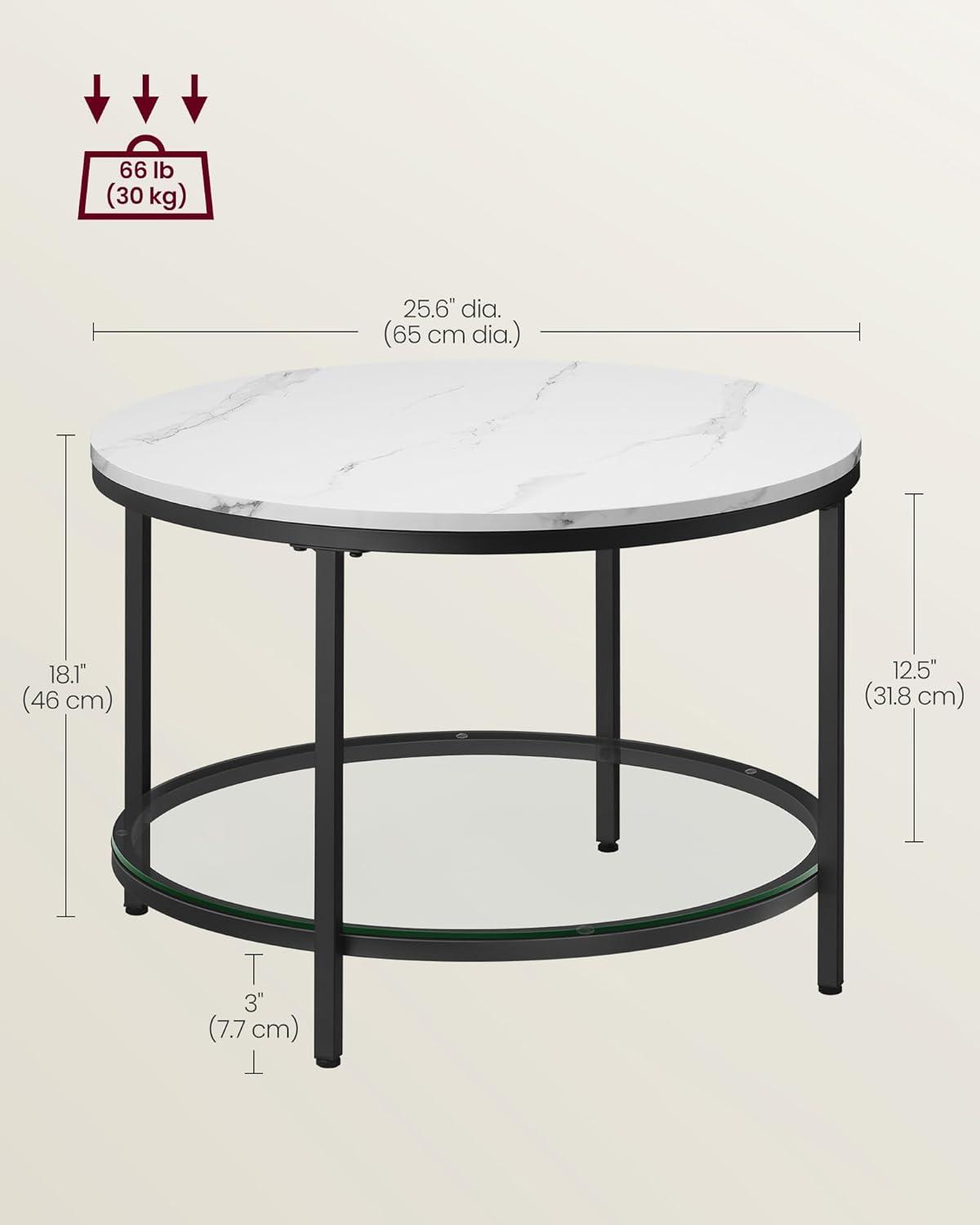 Round White Faux Marble and Glass Coffee Table with Black Steel Frame