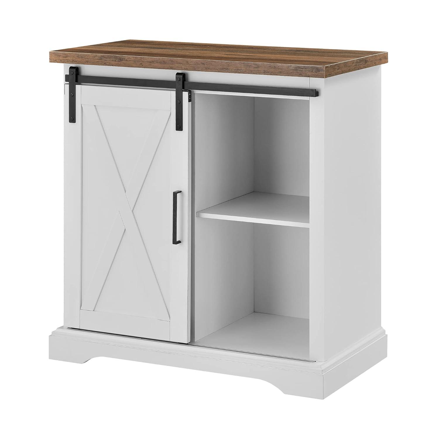 Walker Edison Sliding Barn Door Accent Cabinet, Solid White / Rustic Oak