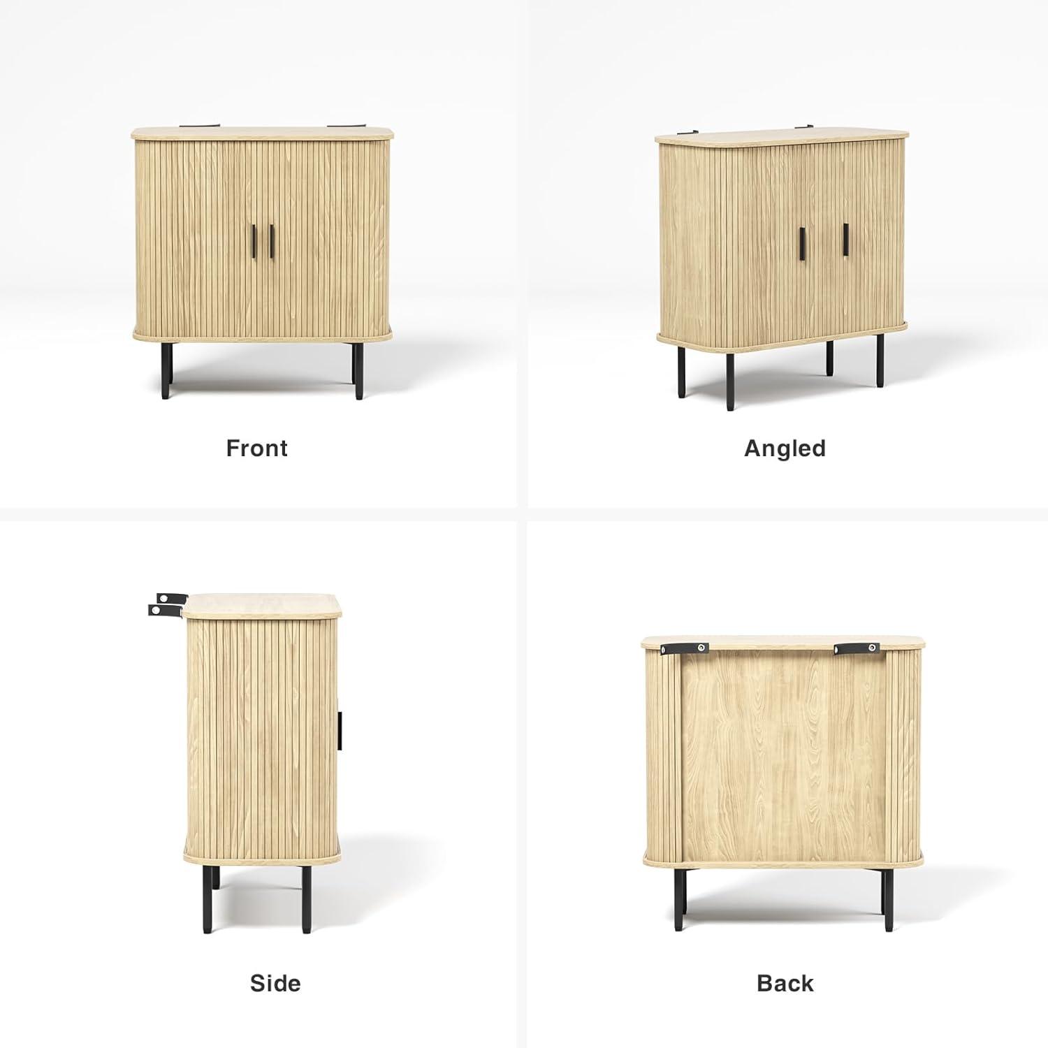 31''W Natural Buffet Sideboard Cabinet with Storage, Fluted Storage Cabinet with Curvy Edge; Sliding Door, Freestanding Accent Credenza, Console Table for Living Room, Kitchen, Hallway