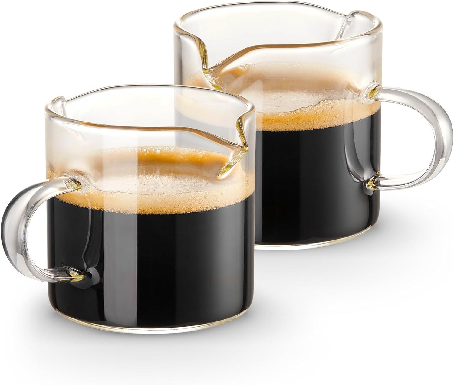 Espresso Cups Set of 2, 4 oz Double Spouts Cup, Espresso Shot Glasses with Handle, V-Shaped Spout Milk Cup, Borosilicate Glass, Mini Clear Glasses for Coffee Bar, Machine Accessories