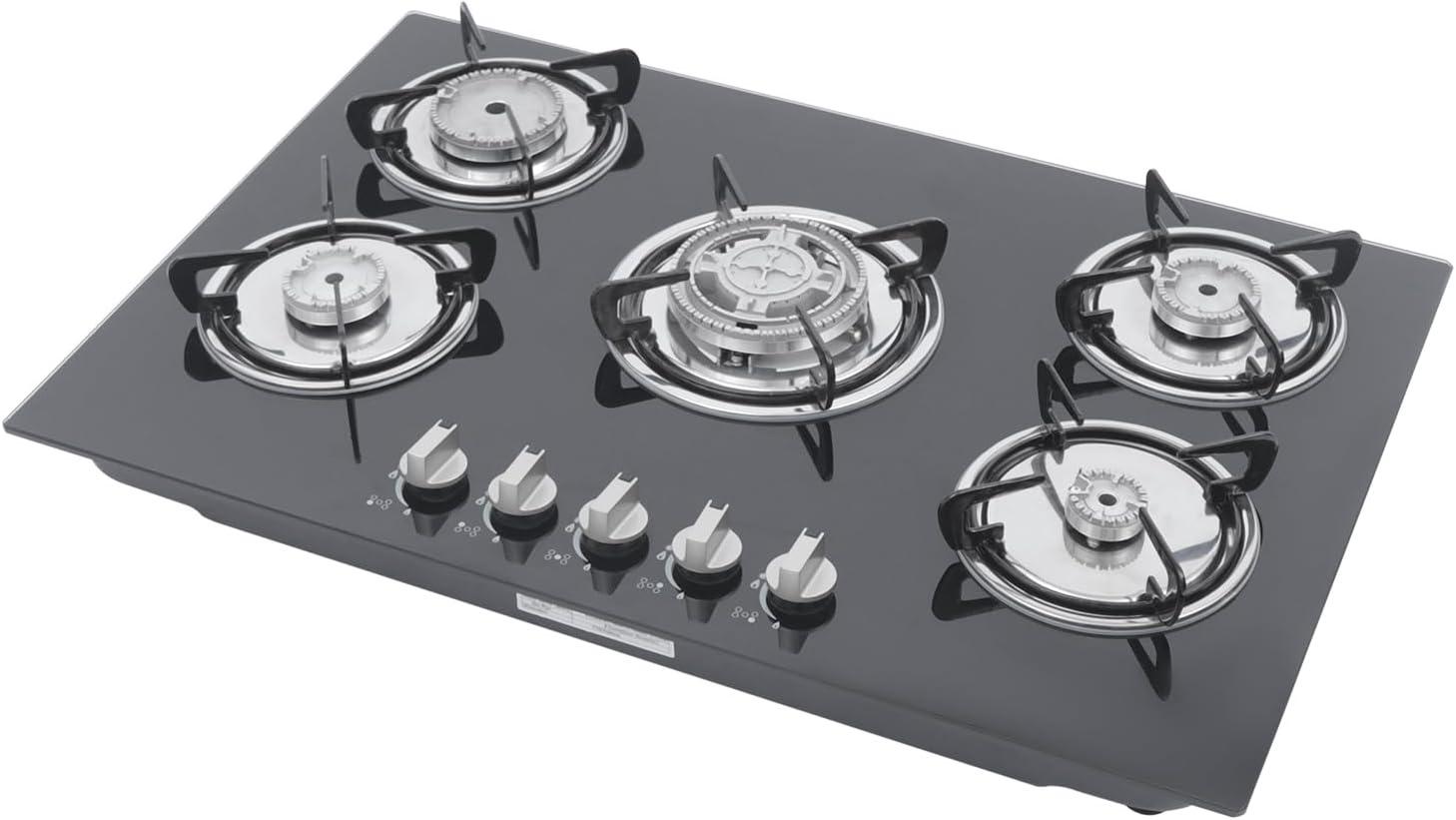 30"  Gas Stove Cooktop, 5 Burners Built-in Tempered Glass LPG/NG Stove with Flameout Protection for Kitchen Black