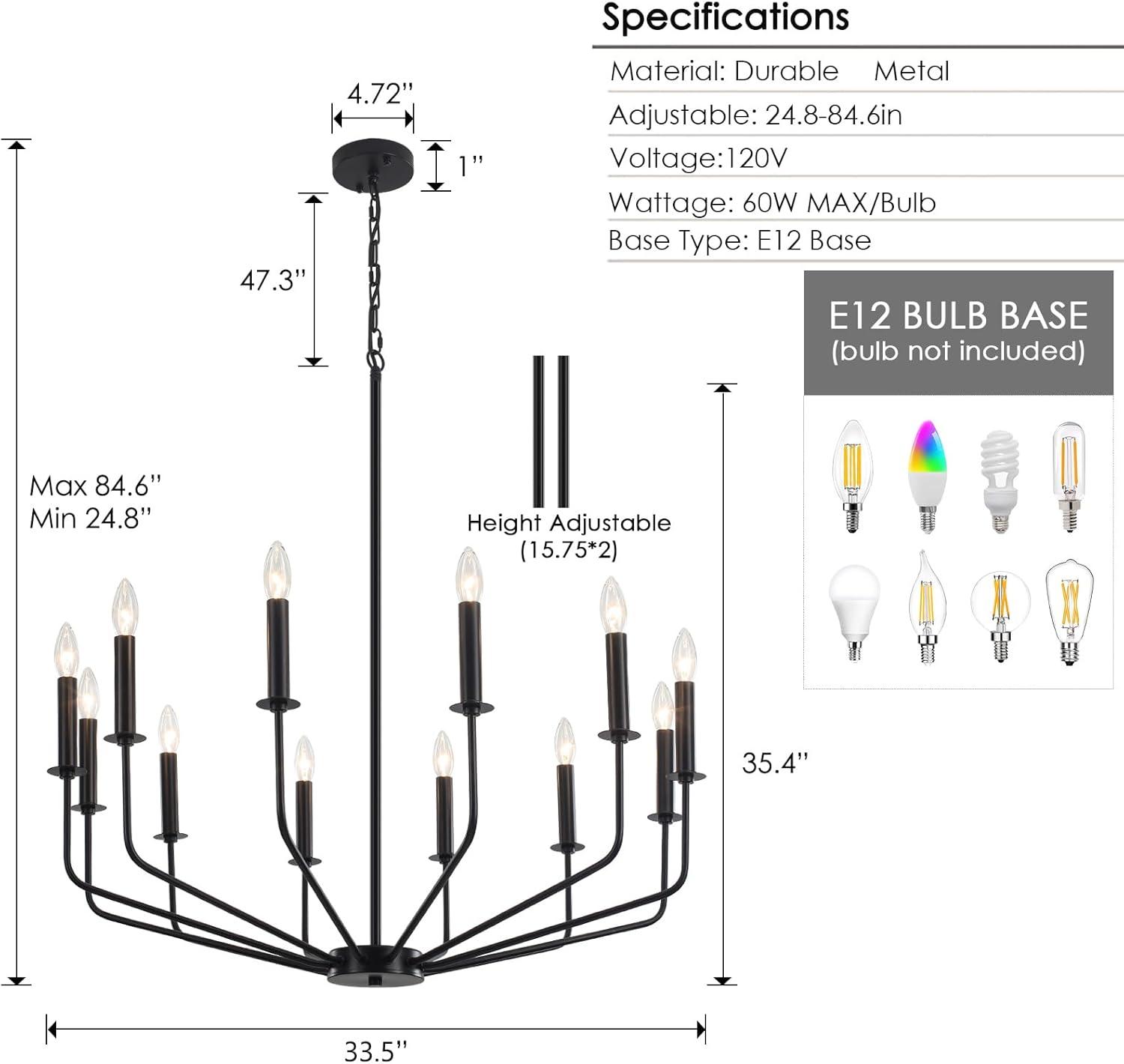 Farmhouse Black Large Chandelier Light Fixture for Dining Room,12 Light Round Matte Candle Modern Chandelier Pendant Light Fixture for Living Room Bedroom Kitchen Foyer Entryway.