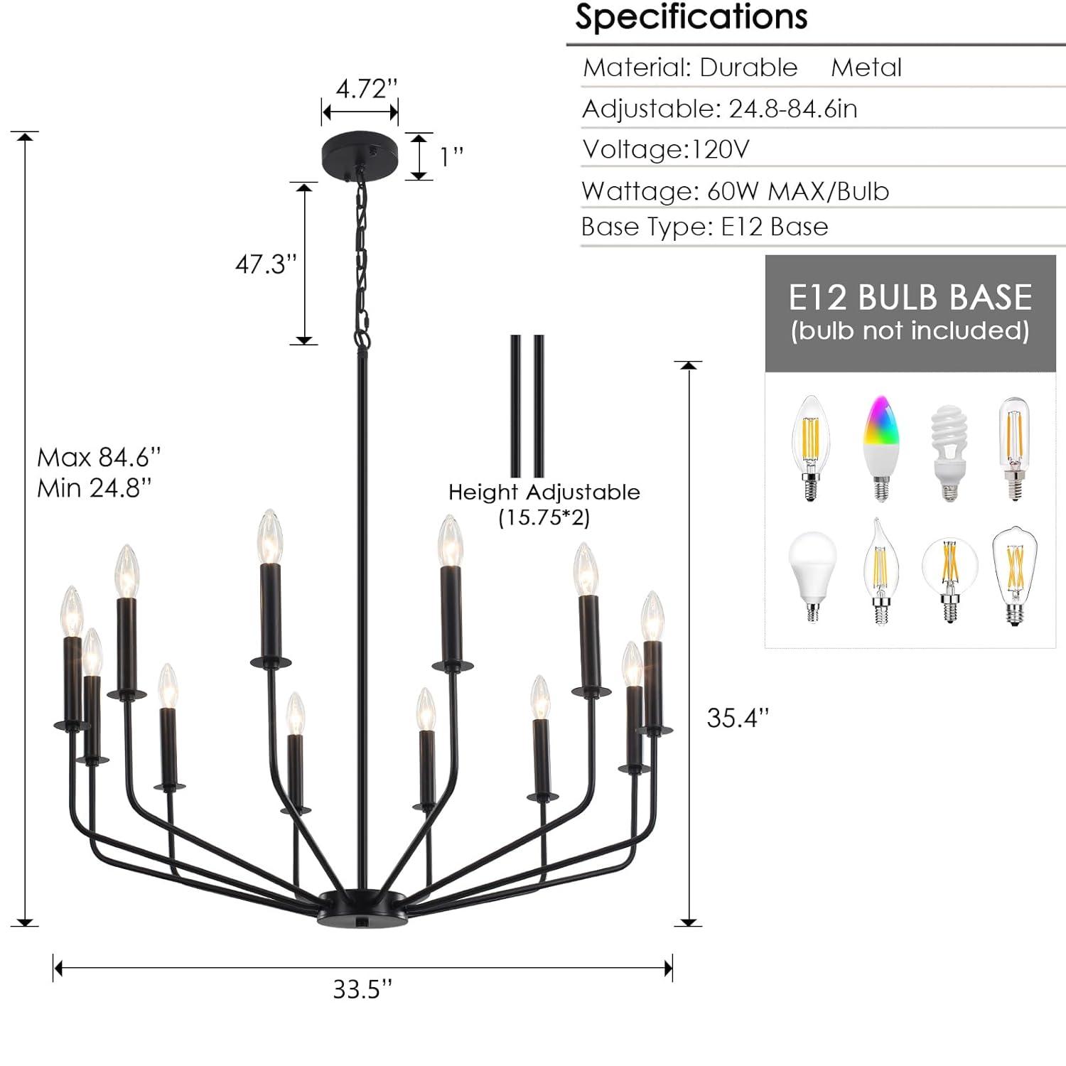 Farmhouse Black Large Chandelier Light Fixture for Dining Room,12 Light Round Matte Candle Modern Chandelier Pendant Light Fixture for Living Room Bedroom Kitchen Foyer Entryway.