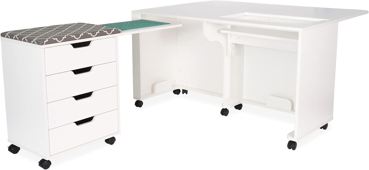 White Hydraulic Lift Sewing Cabinet with Storage and Ironing Station