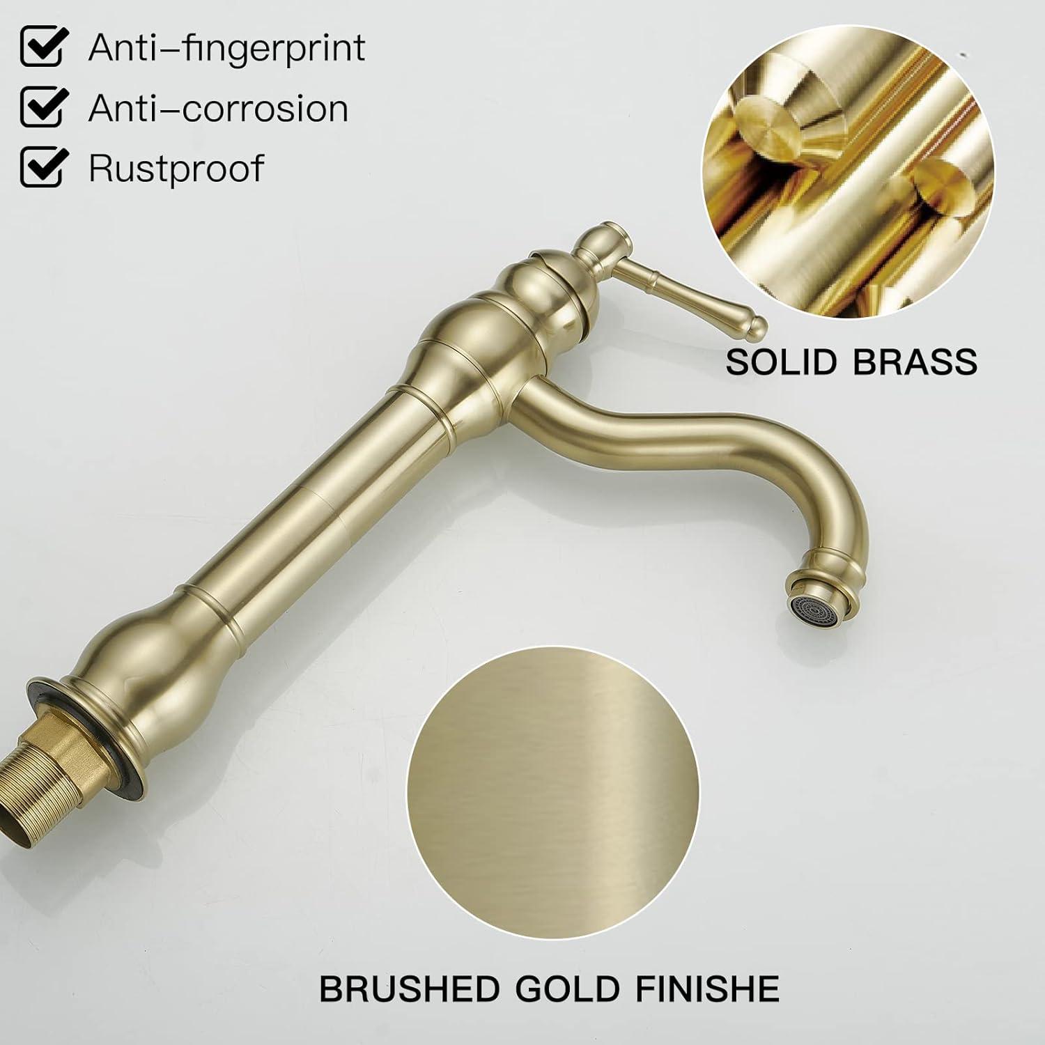 Bathroom Faucet GGStudy 360° Swivel Single-Handle One Hole Bathroom Vessel Sink Faucet Matching Pop Up Drain Brushed Gold Farmhouse Bathroom Vanity Faucet