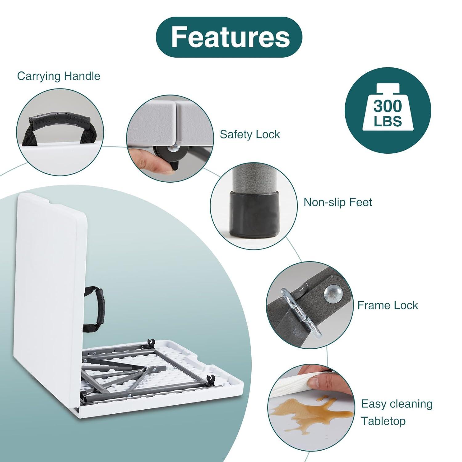 4 ft Portable Folding Table, Idustrial Heavy-Duty Foldable Table, HDPE Plastic Table, with Carrying Handle, Locks, Stright Legs for Indoor & Outdoor Party, Barbeque, Camping, Board Games - White