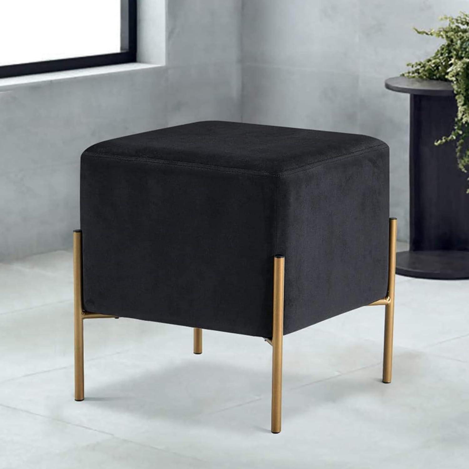 Elegant Isla Black Velvet 15.5" Pouf with Stainless Steel Legs