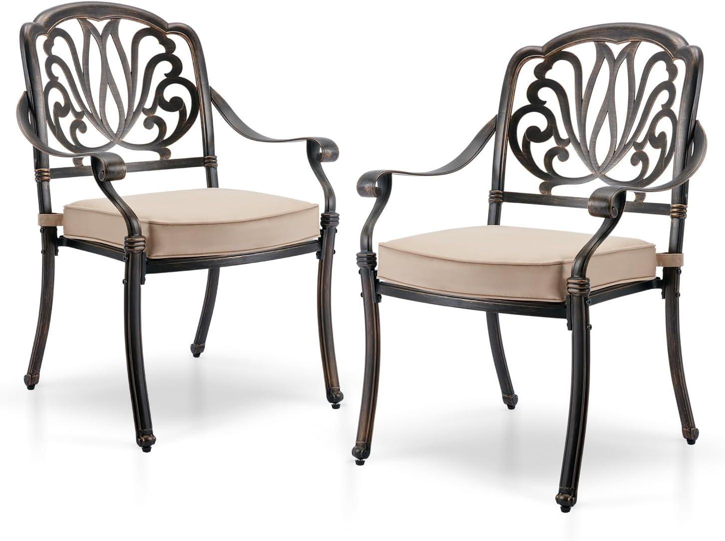 Antique Bronze Cast Aluminum Dining Chairs with Beige Cushions