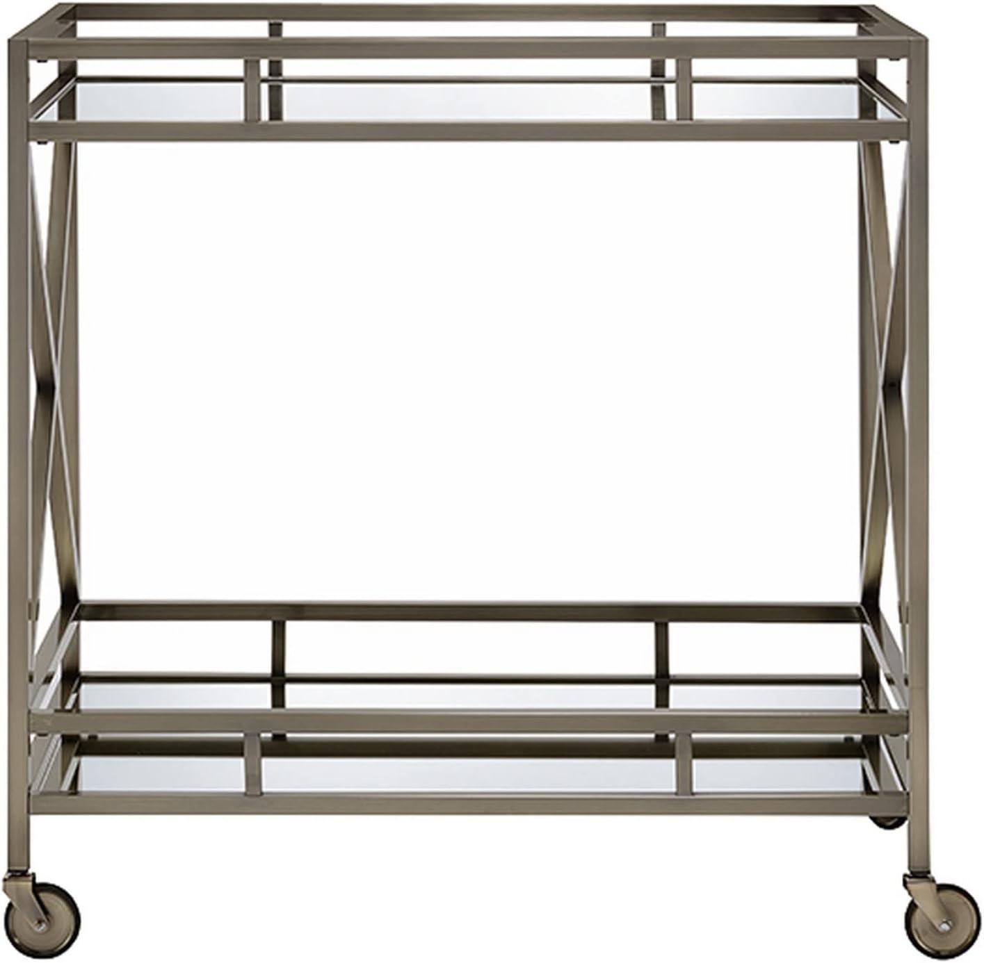 Benzara Metal Framed Two Tier Serving Cart with X Shaped Side Panels, Mirrored, Antique Gold