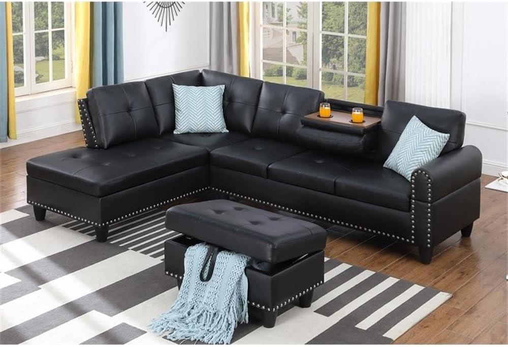 Devion Furniture Contemporary Faux Leather Nailhead Trim L Shaped Sectional Sofa Set Black